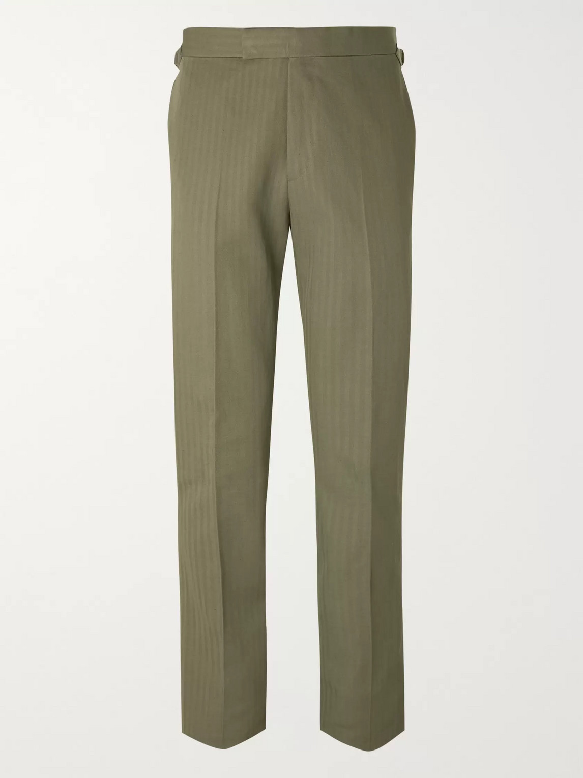 Kingsman Slim-fit Herringbone Cotton And Linen-blend Trousers In Green
