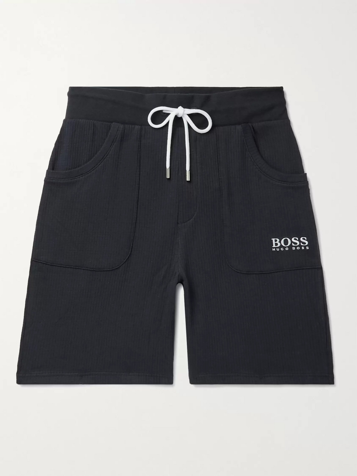 Hugo Boss Logo-embroidered Waffle-knit Cotton-jersey Drawstring Shorts In Blue