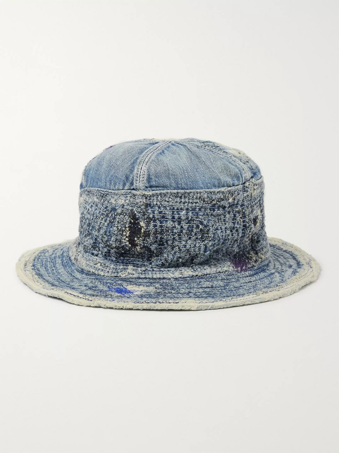 Kapital The Old Man And The Sea Distressed Denim And Cotton-twill Bucket Hat In Blue