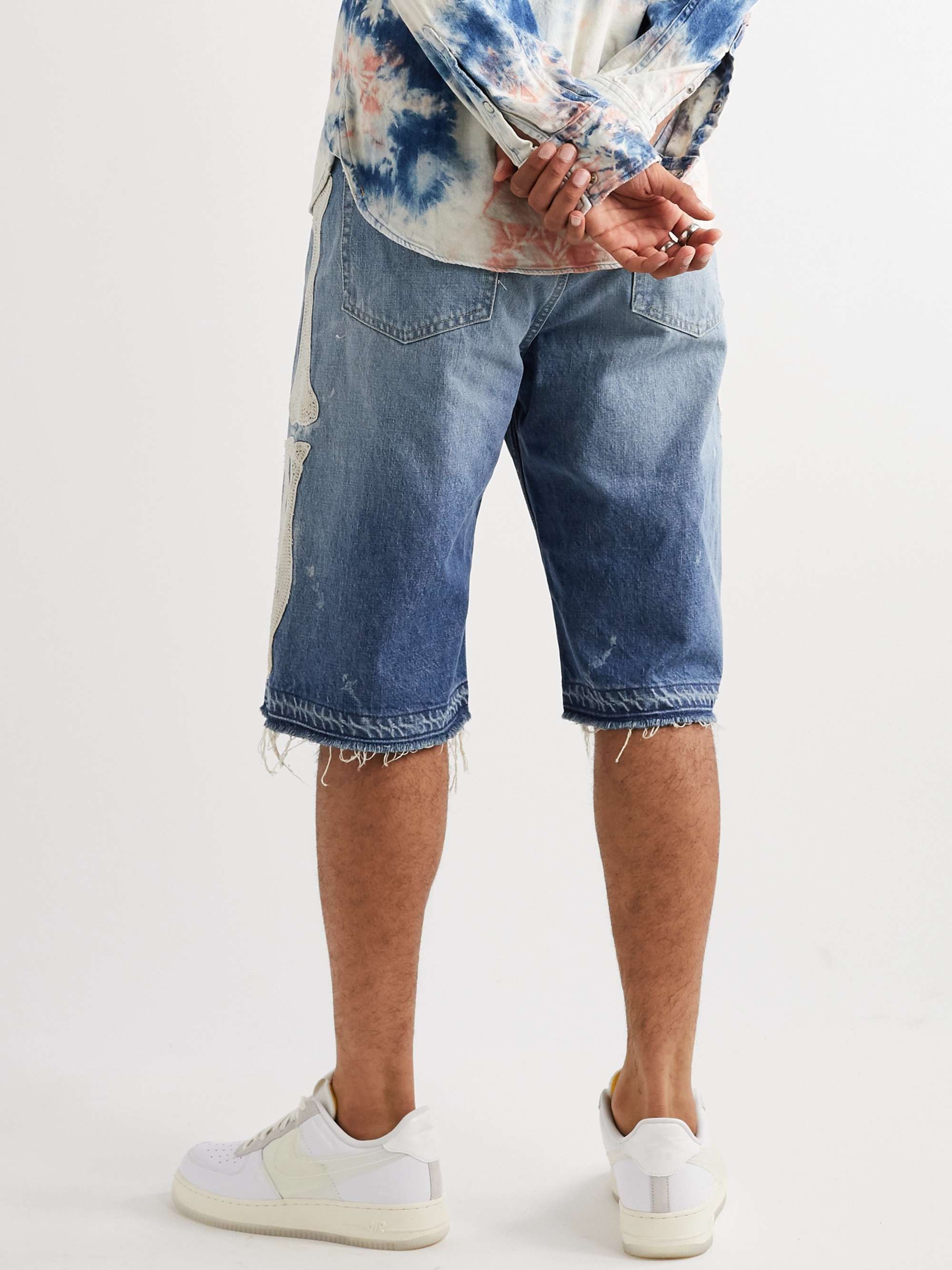 KAPITAL Distressed Appliquéd Denim Shorts