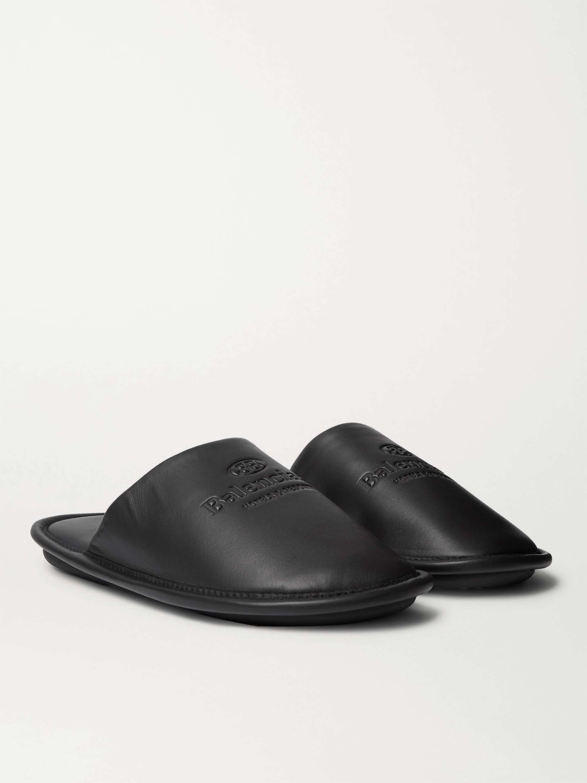 BALENCIAGA Home Logo-Debossed Leather Slippers