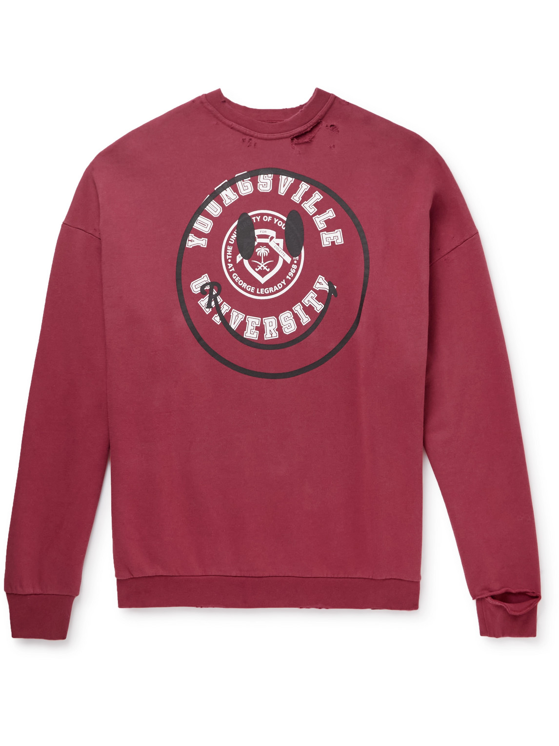 Smiley Oversized Logo-Print Distressed Cotton-Jersey Sweatshirt