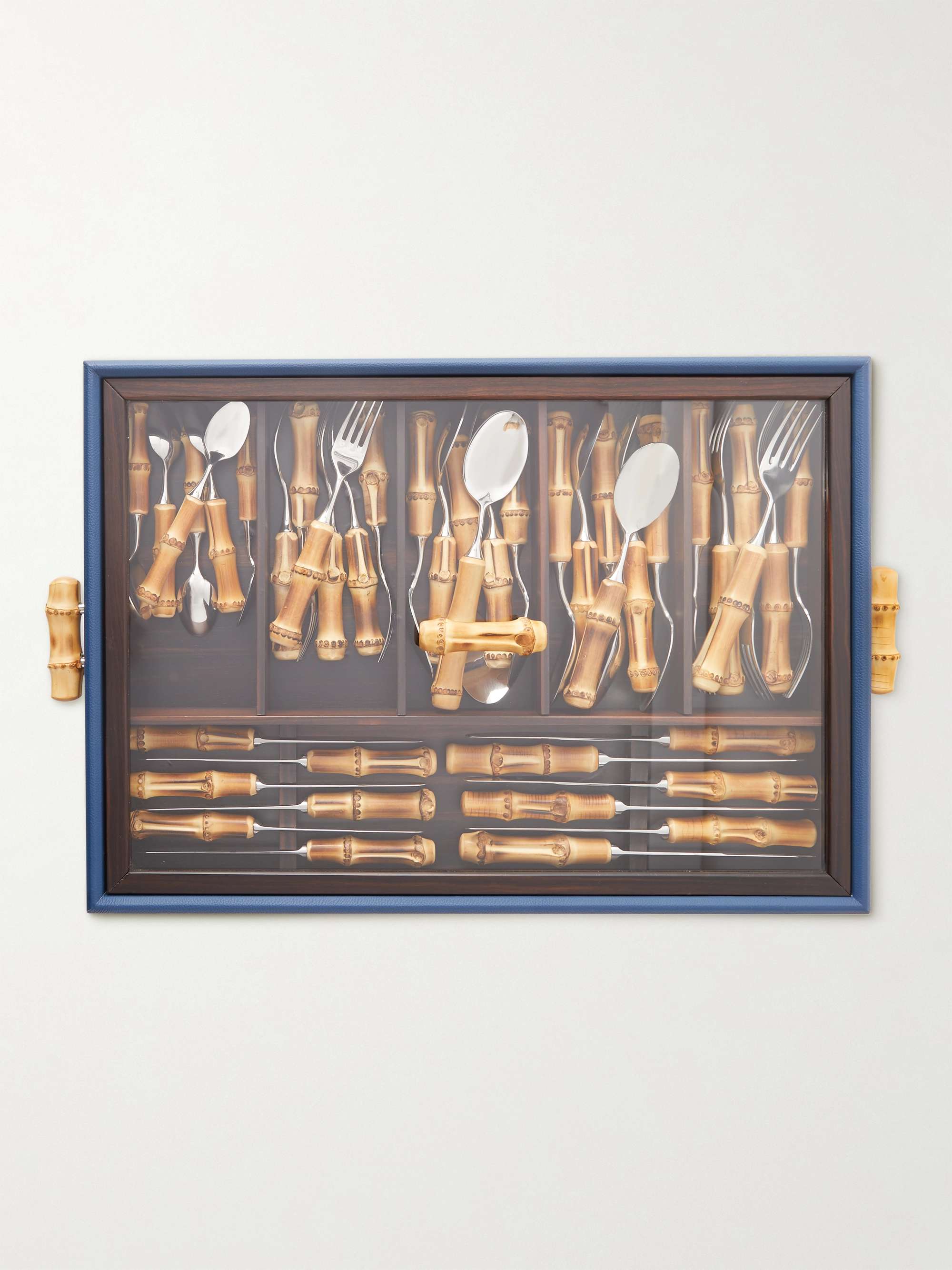 LORENZI MILANO Chrome-Plated, Bamboo, Leather and Wood Tableware Set