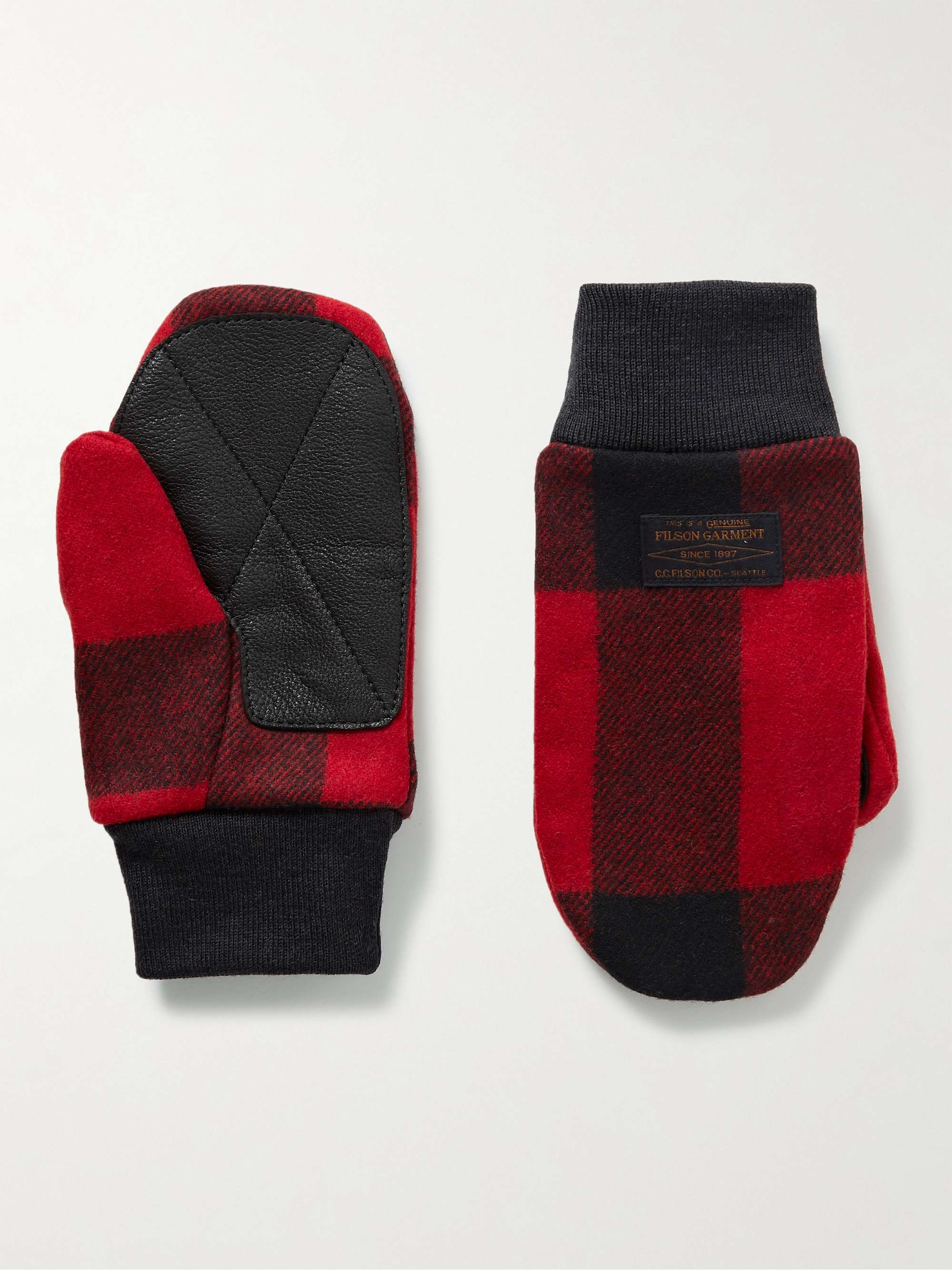FILSON Leather-Panelled Checked Mackinaw Wool Mittens