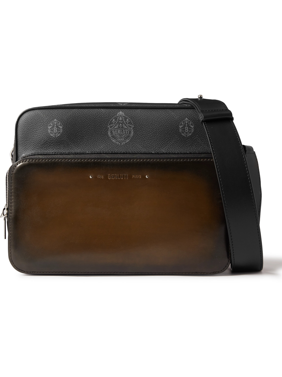 Berluti Signature Canvas And Leather Messenger Bag In Black