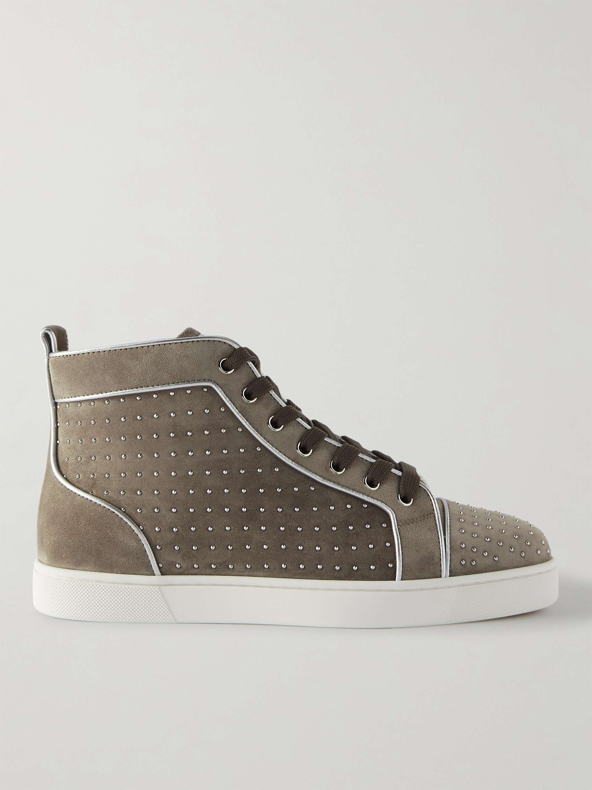CHRISTIAN LOUBOUTIN Louis Plume Leather-Trimmed Studded Suede High-Top Sneakers