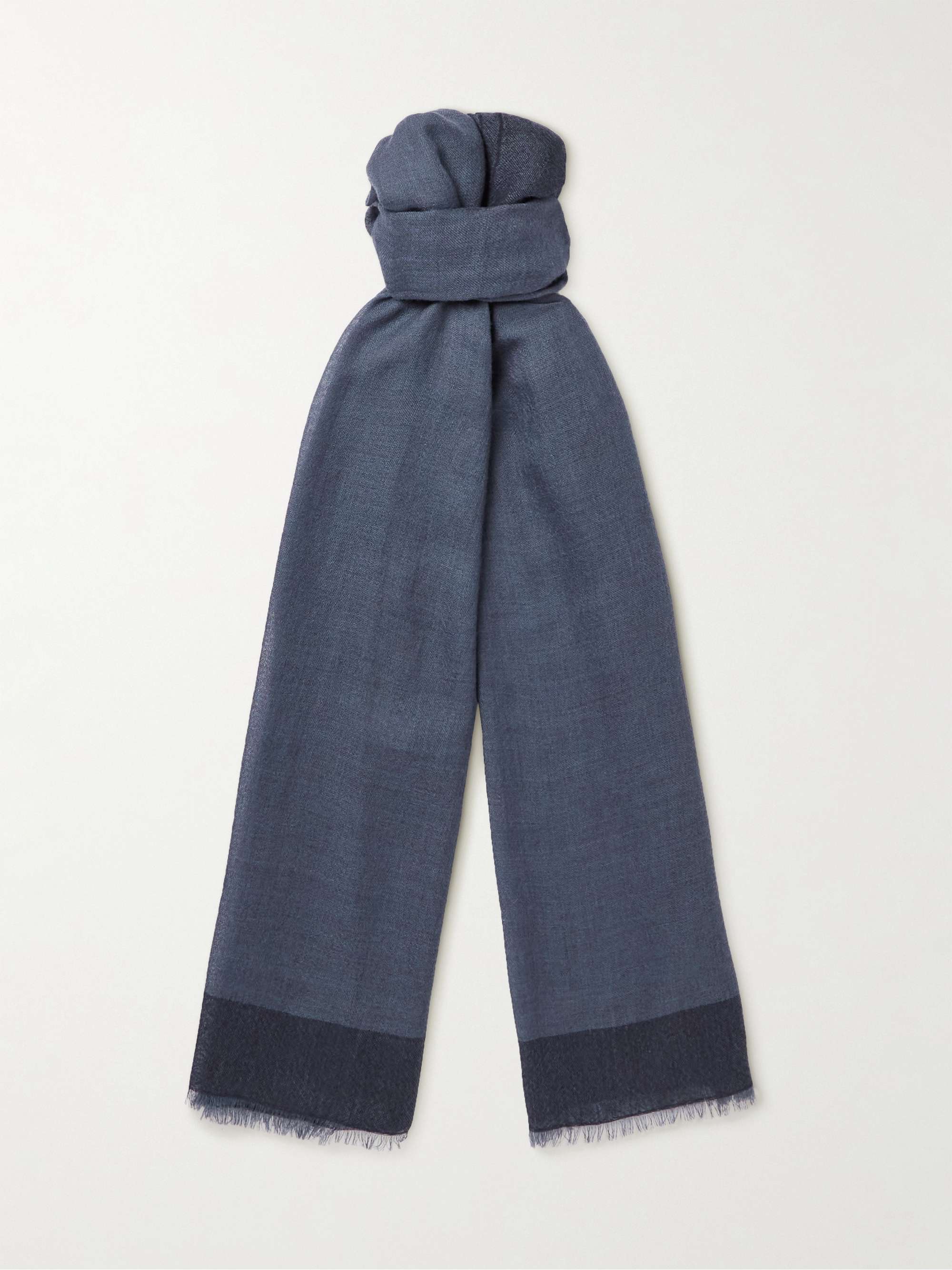 Blue Fringed Checked Linen, Wool and Silk-Blend Scarf | LORO PIANA 