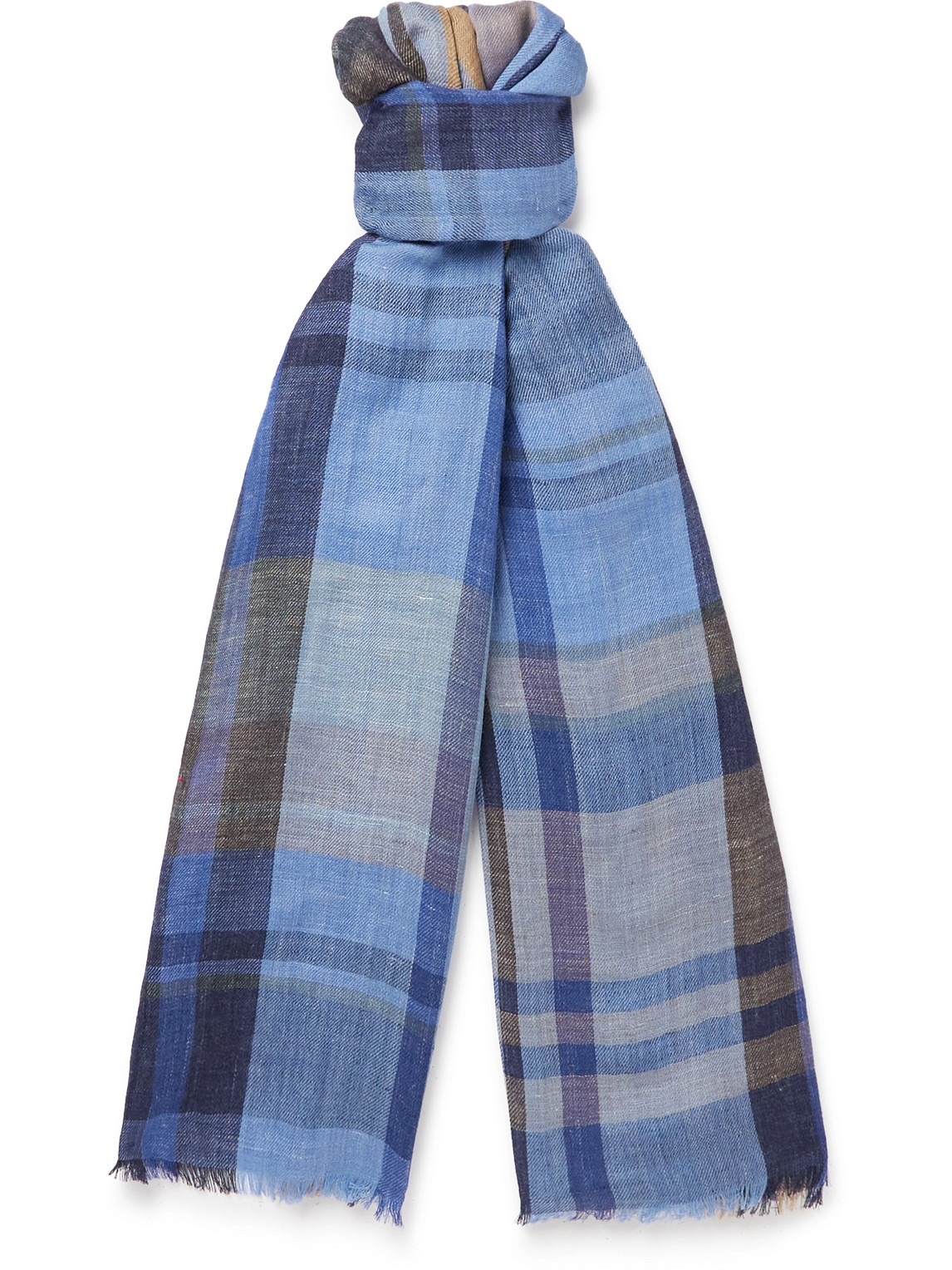 Fringed Checked Linen, Wool and Silk-Blend Scarf