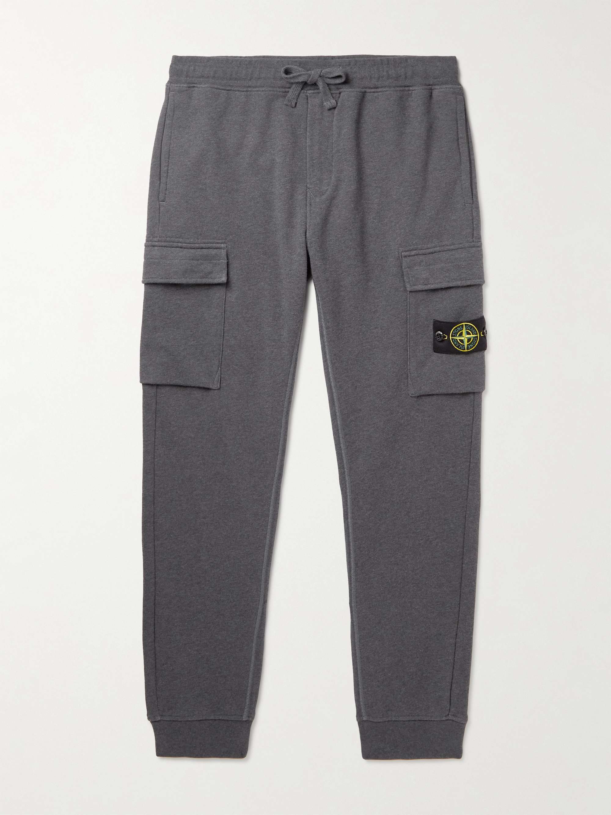 스톤 아일랜드 스웻팬츠 Stone Island Slim-Fit Tapered Logo-Appliqued Cotton-Jersey Cargo Sweatpants,Gray