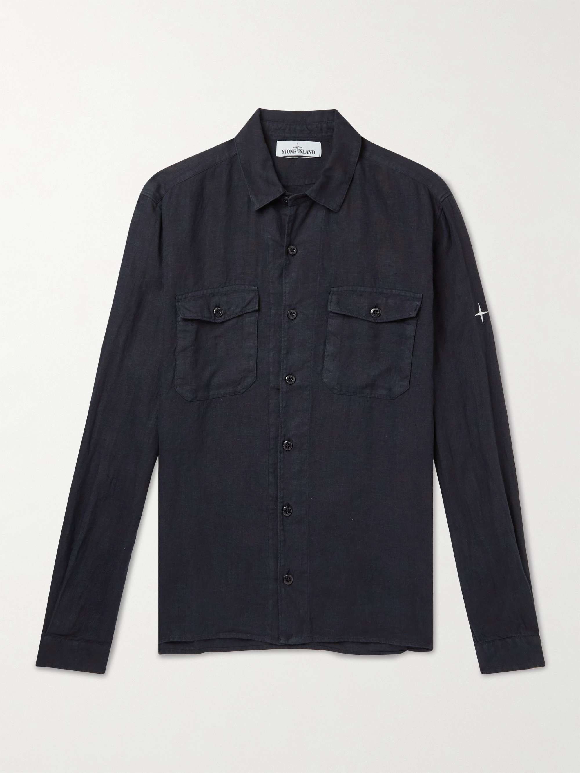 스톤 아일랜드 셔츠 Stone Island Logo-Embroidered Garment-Dyed Linen Shirt,Black