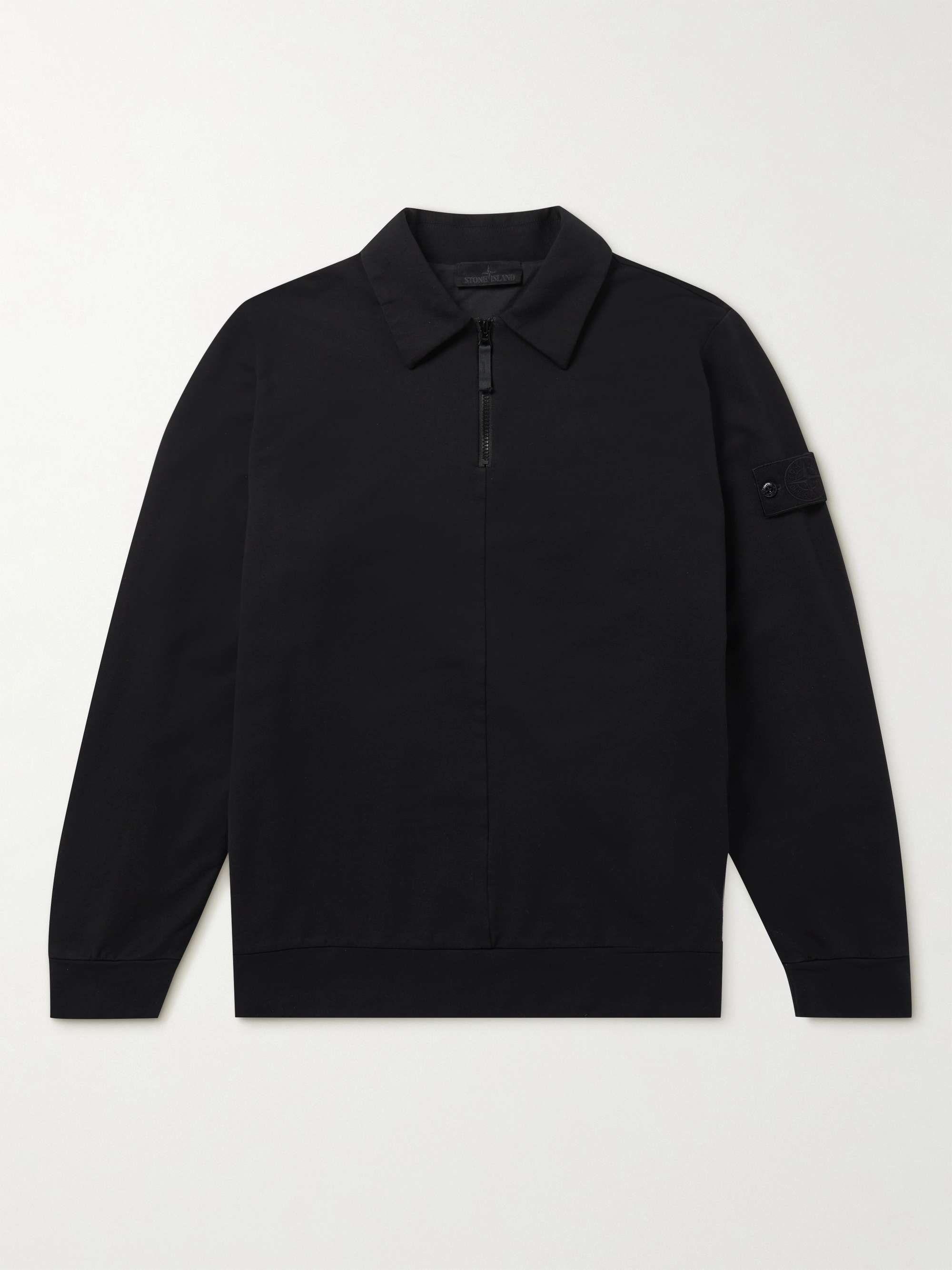 스톤 스웻셔츠 아일랜드 Stone Island Logo-Appliqued Cotton-Blend Jersey Half-Zip Sweatshirt,Black