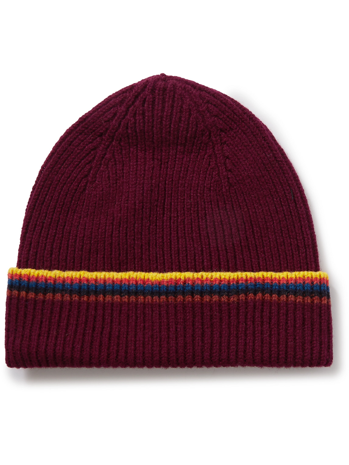 Paul Smith Striped Ribbed Wool Beanie In Burgundy