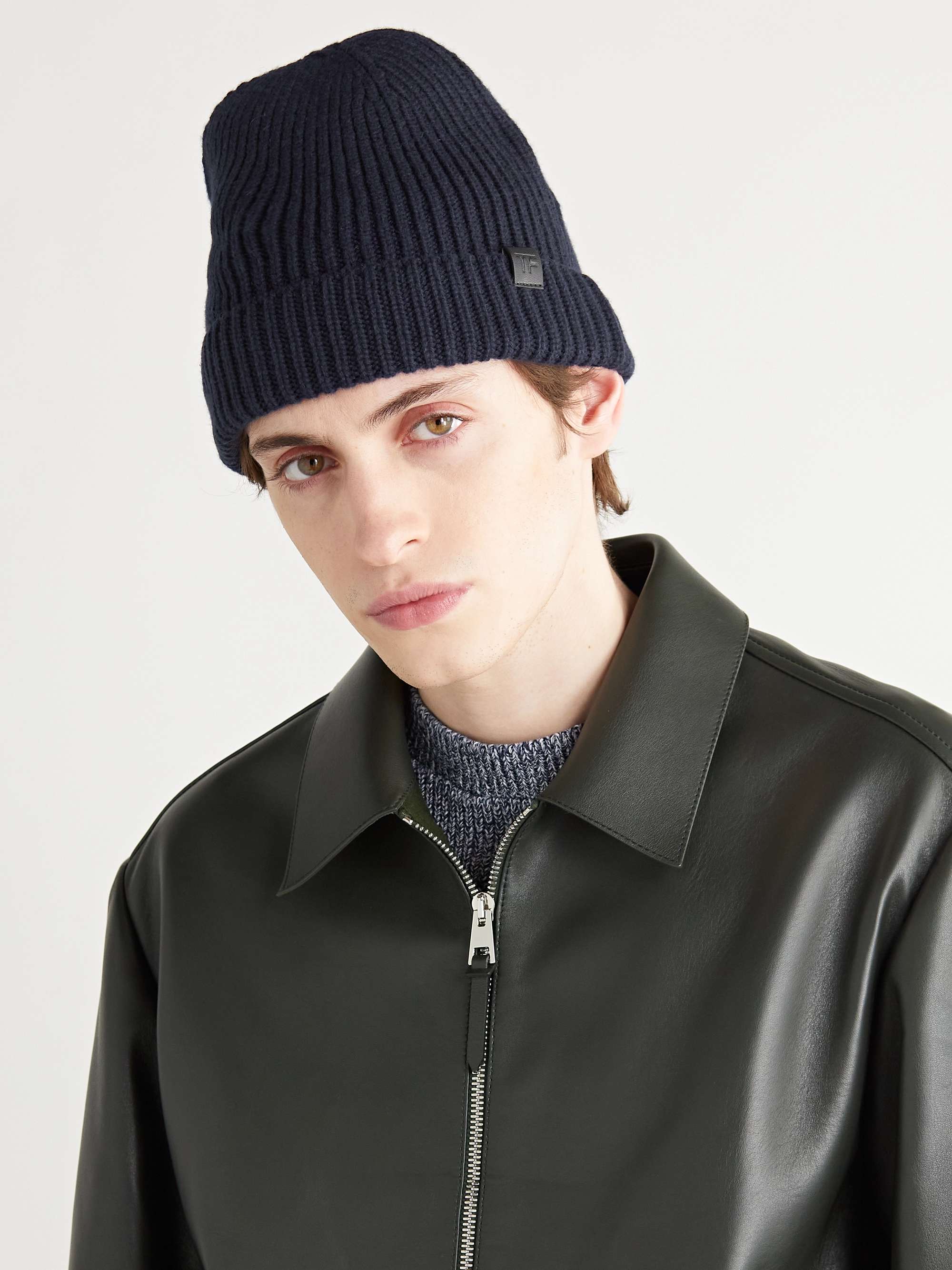 Midnight blue Leather-Trimmed Ribbed Cashmere Beanie | TOM FORD | MR PORTER