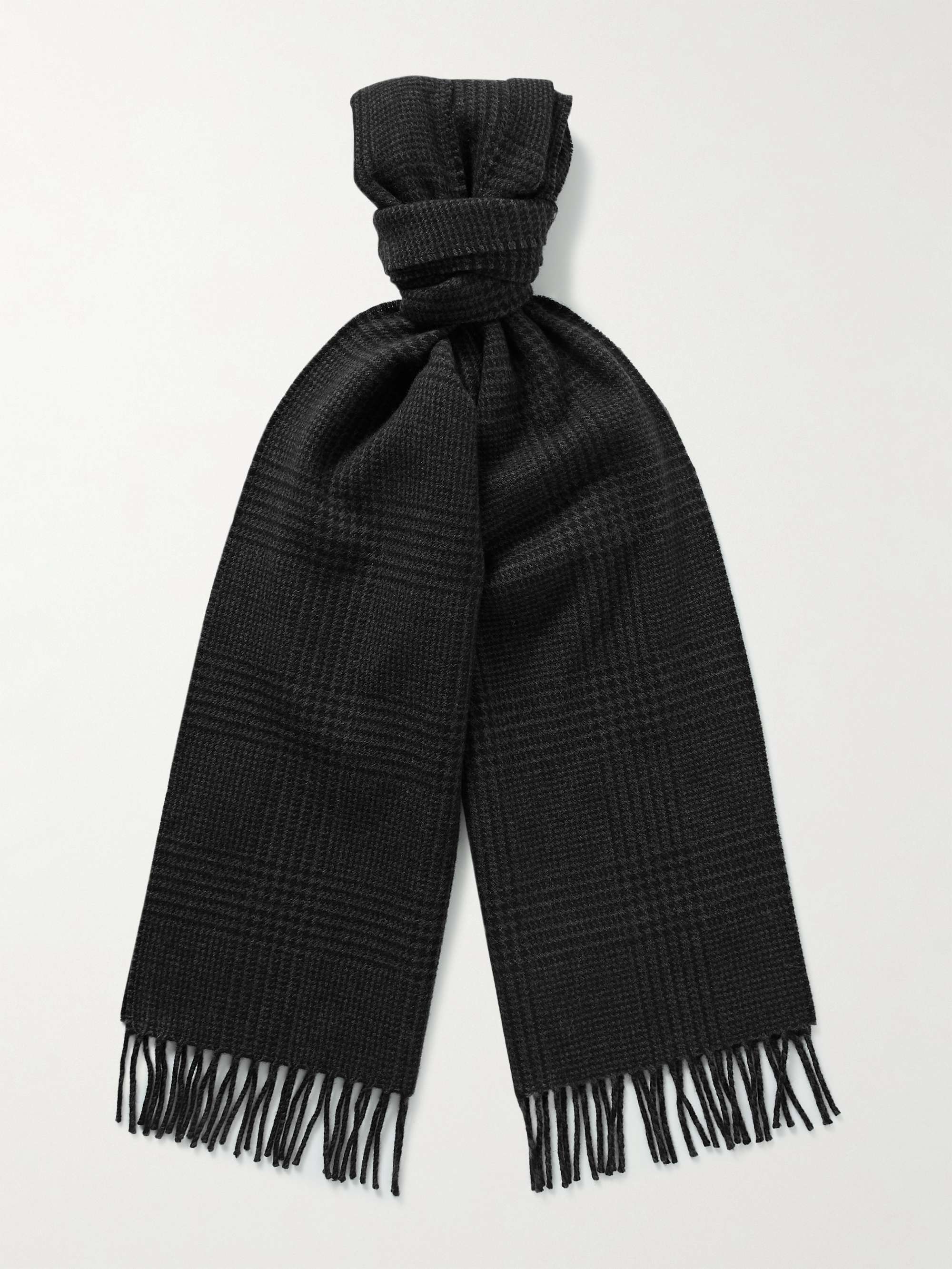TOM FORD Logo-Appliquéd Fringed Prince of Wales Checked Cashmere and Wool-Blend Scarf