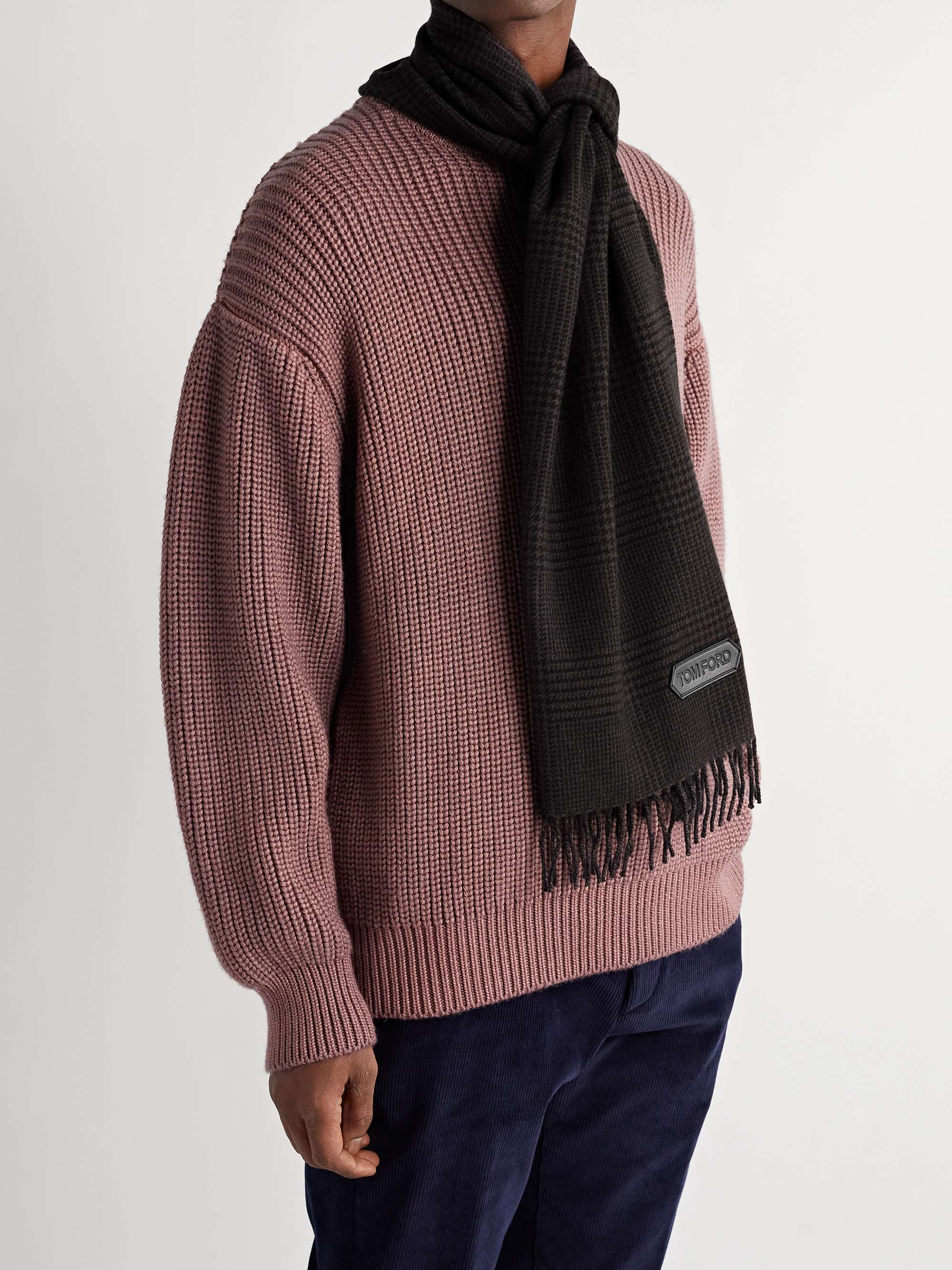 TOM FORD Logo-Appliquéd Fringed Prince of Wales Checked Cashmere and Wool-Blend Scarf