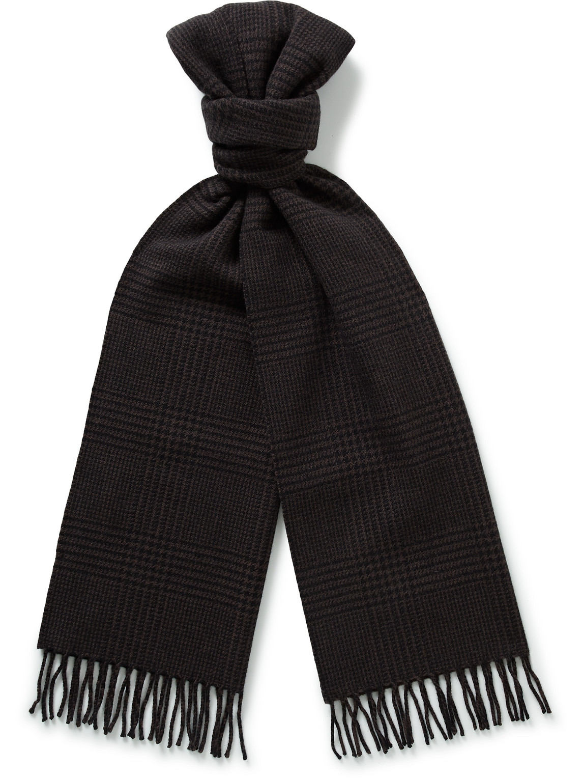 Logo-Appliquéd Fringed Prince of Wales Checked Cashmere and Wool-Blend Scarf