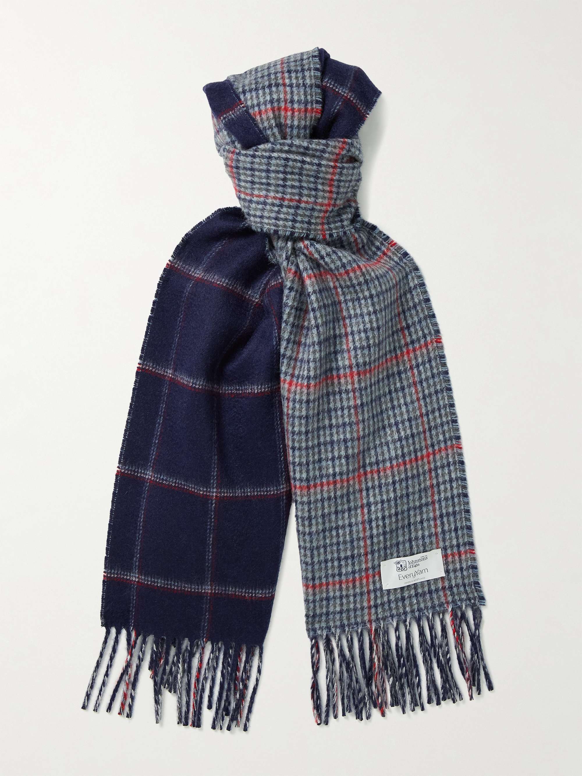Navy & Grey Check Pure Cashmere Scarf Made in Scotland by Johnstons of Elgin