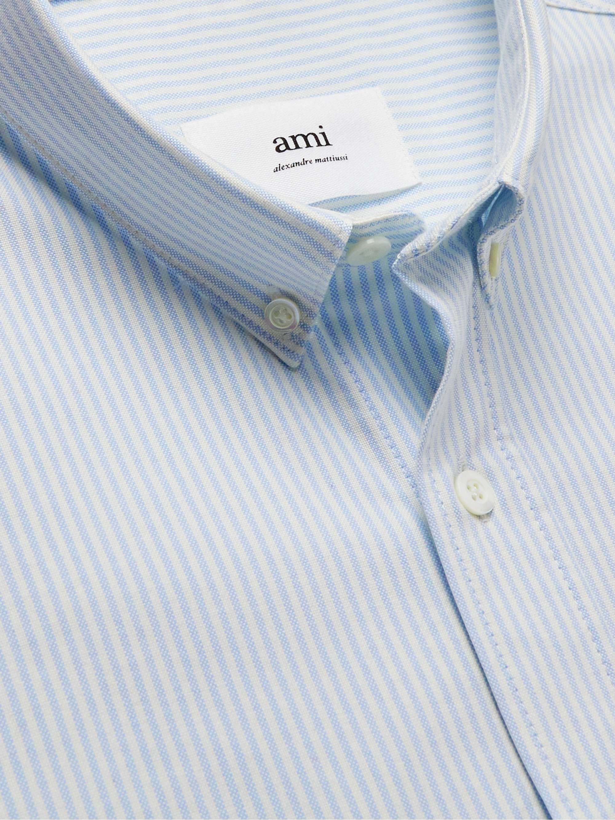 AMI PARIS Button-Down Collar Logo-Embroidered Striped Organic Cotton Oxford Shirt