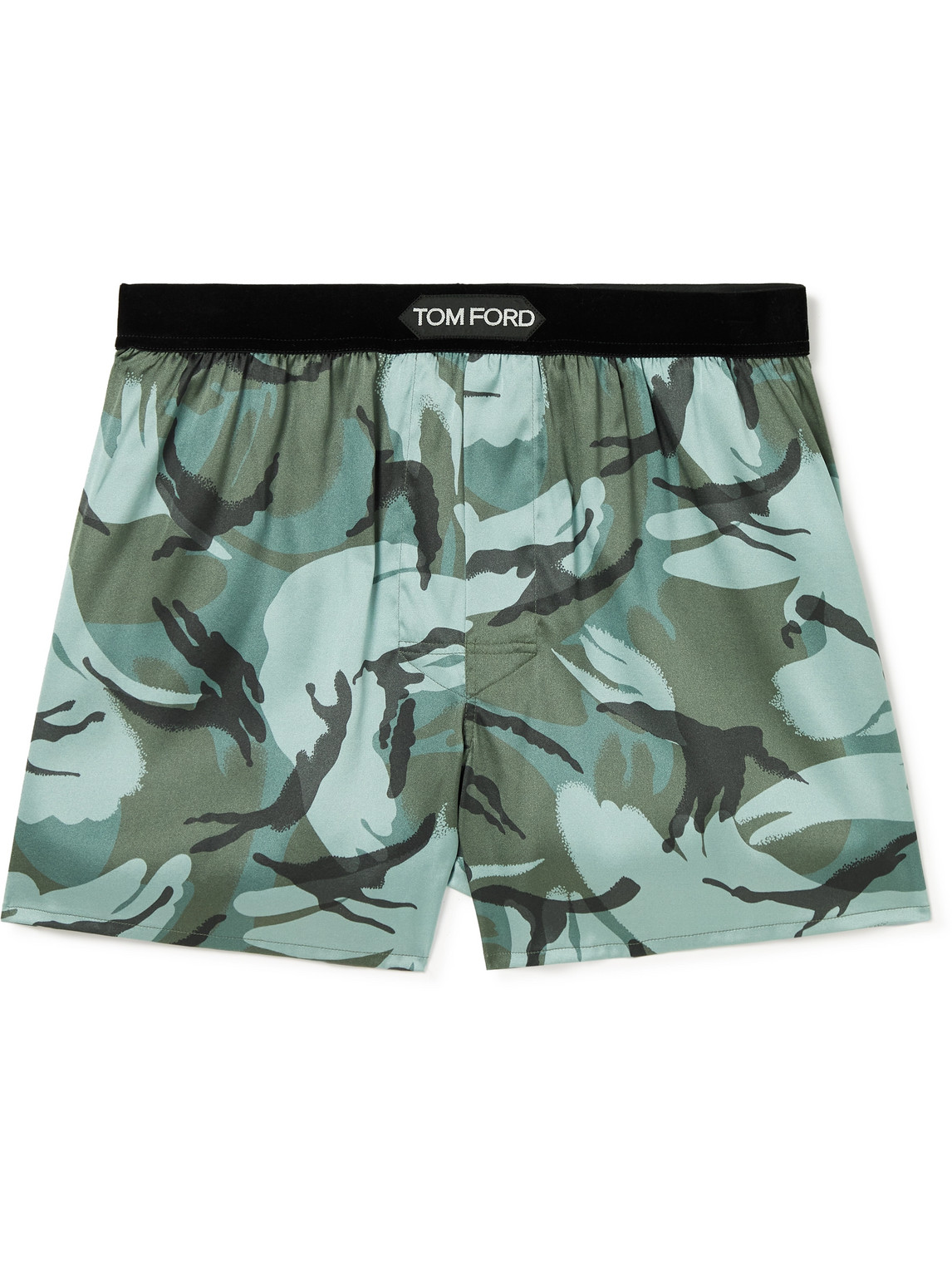Velvet-Trimmed Camouflage-Print Stretch-Silk Satin Boxer Shorts