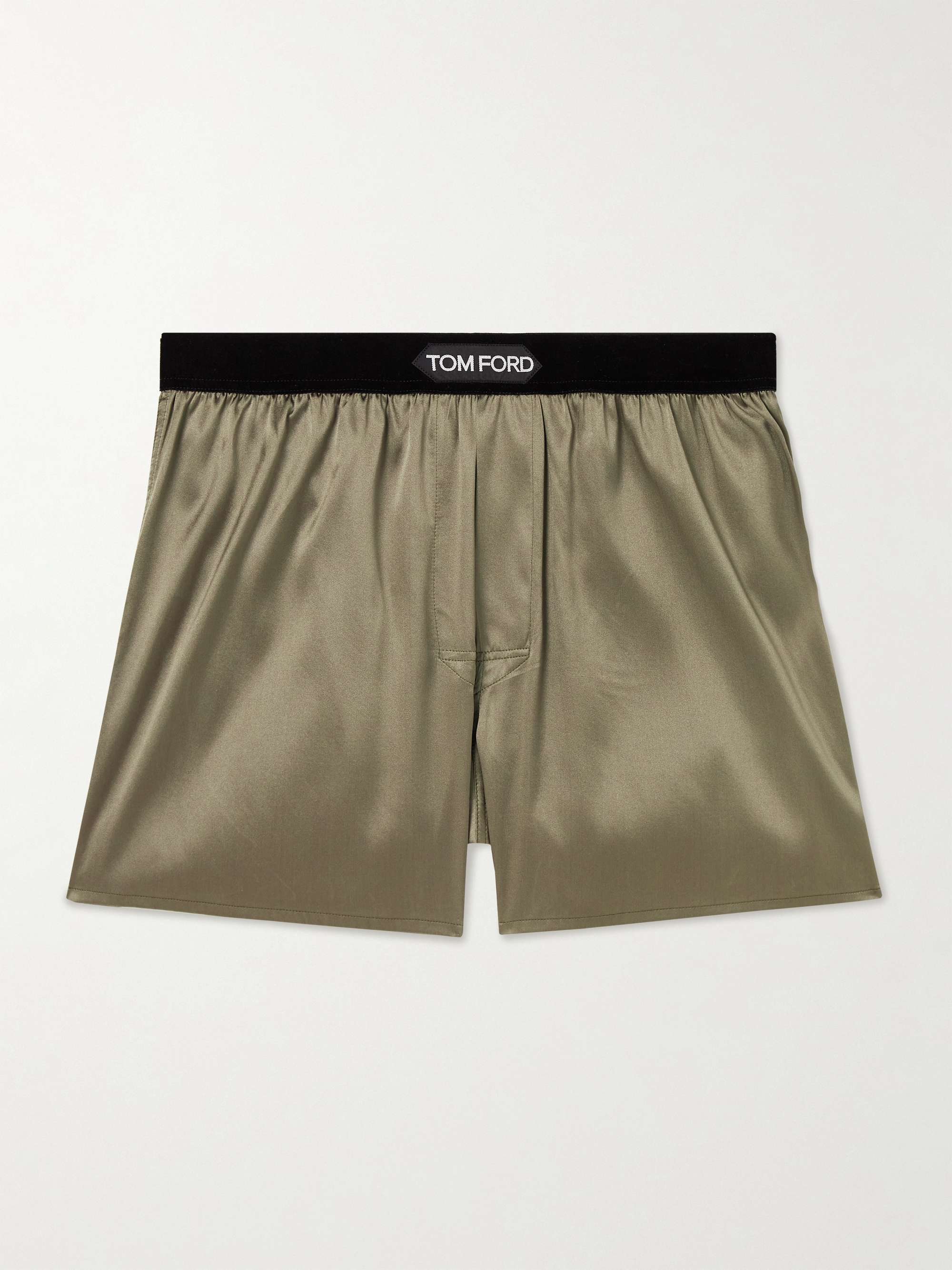 Gray green Velvet-Trimmed Stretch-Silk Satin Boxer Shorts | TOM 