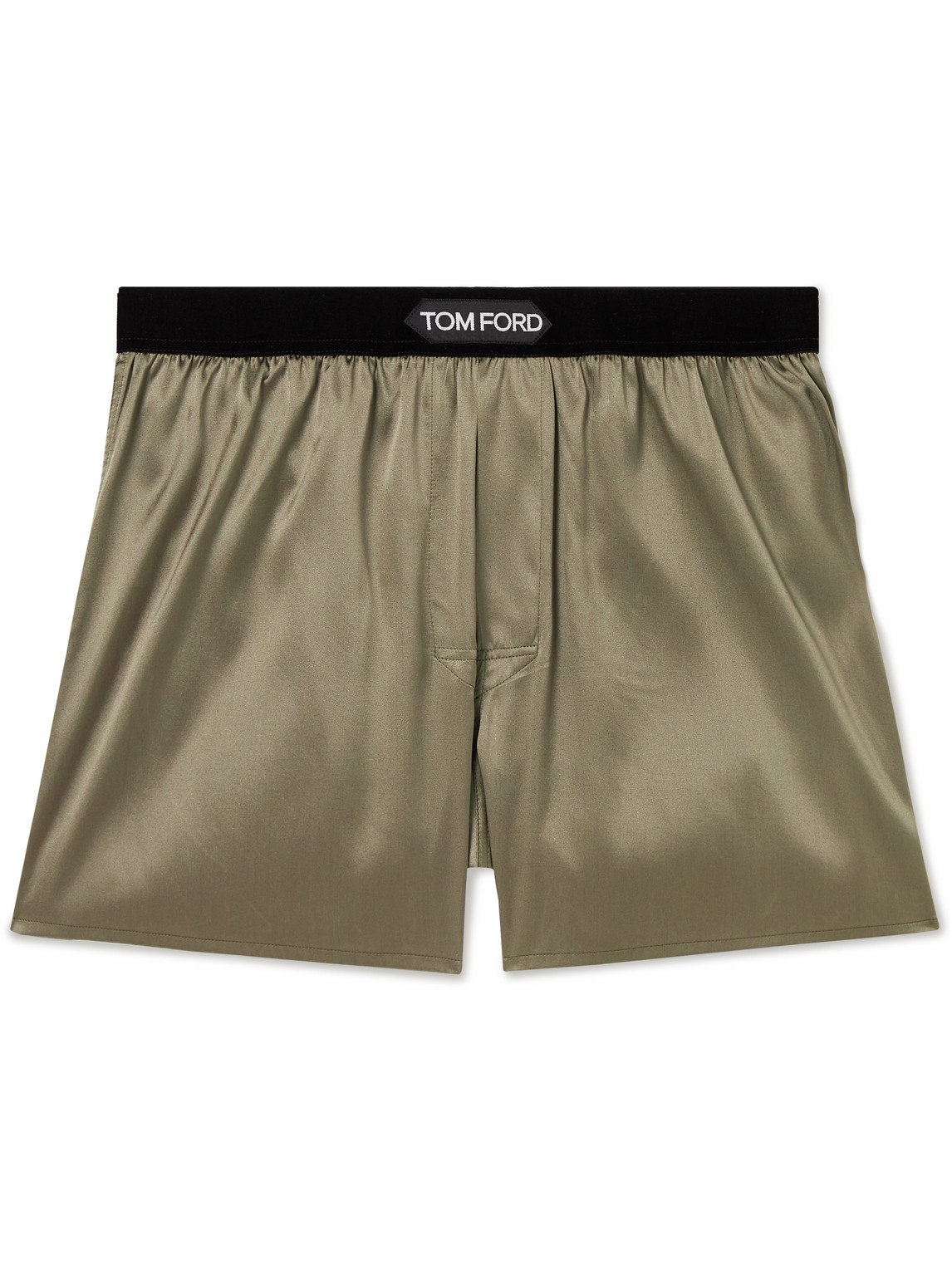 Tom Ford Velvet-trimmed Stretch-silk Satin Boxer Shorts In Green