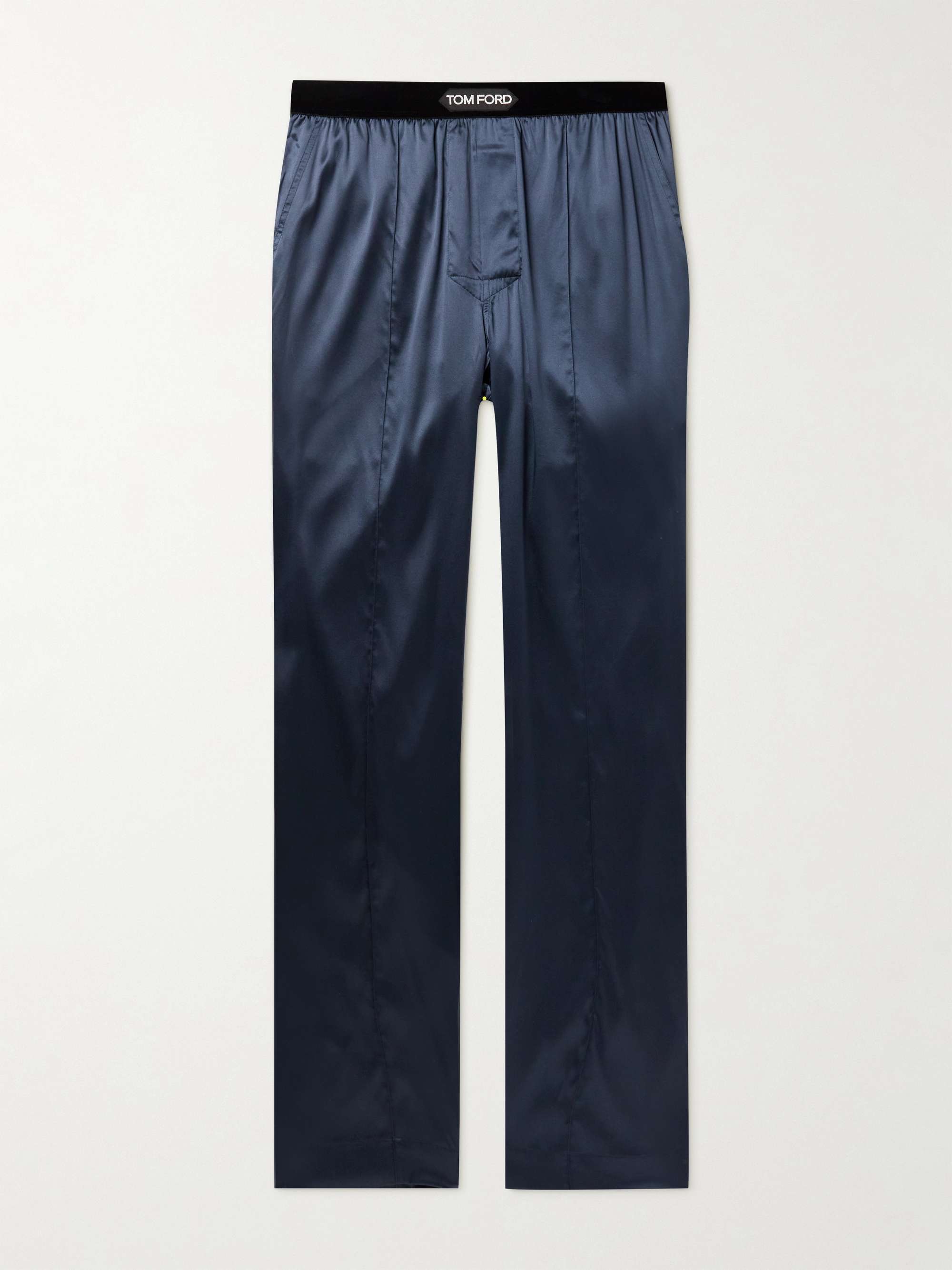 Tom Ford Velvet-trimmed Stretch-silk Satin Pyjama Trousers in Blue for Men Mens Clothing Nightwear and sleepwear 