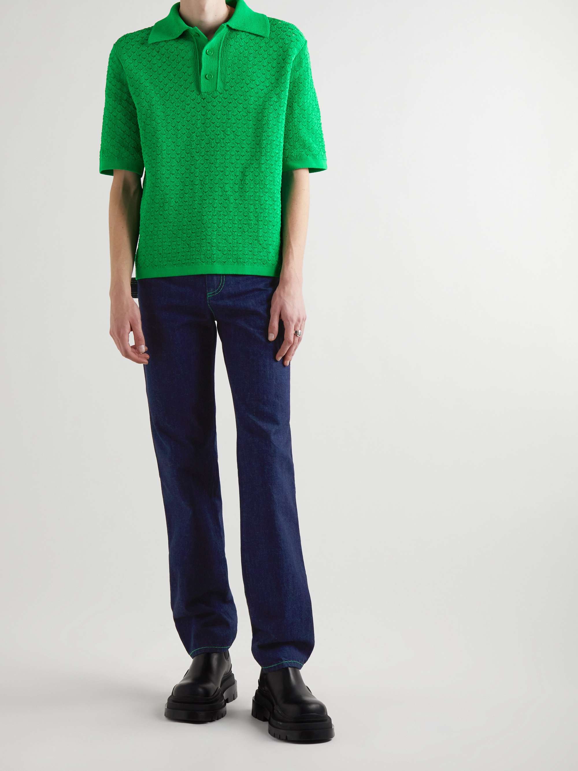 Green Polo Open-Knit Cotton-Blend Polo Shirt | BOTTEGA VENETA | MR 