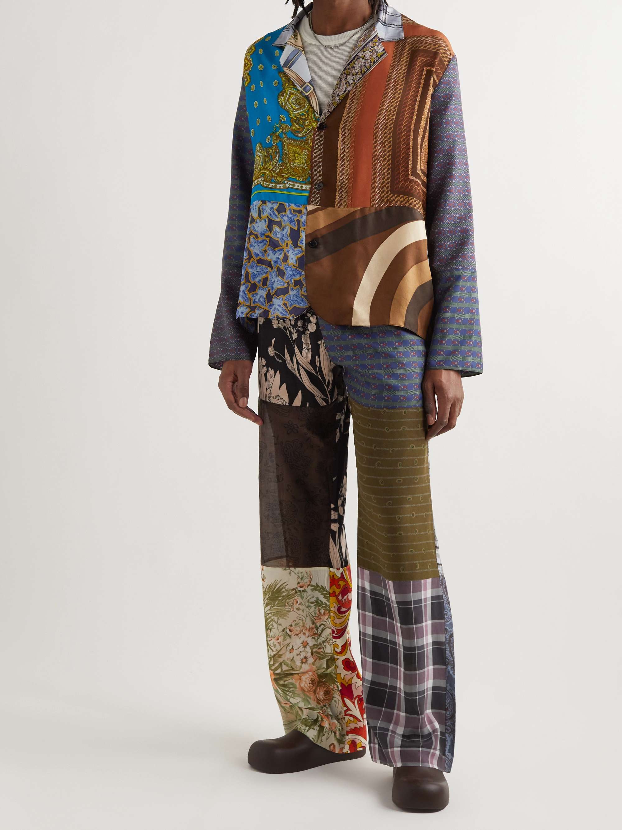 MARINE SERRE Patchwork Printed Upcycled Silk-Satin and Twill Shirt