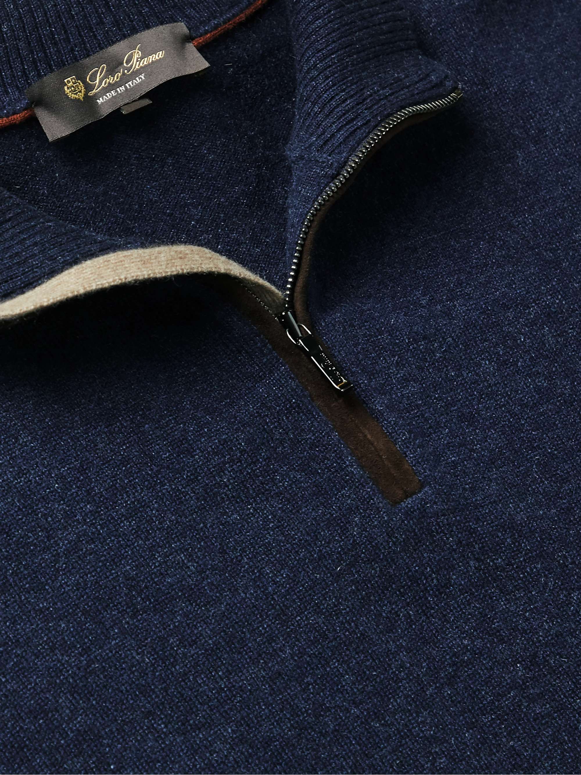 LORO PIANA Suede-Trimmed Cashmere Half-Zip Sweater