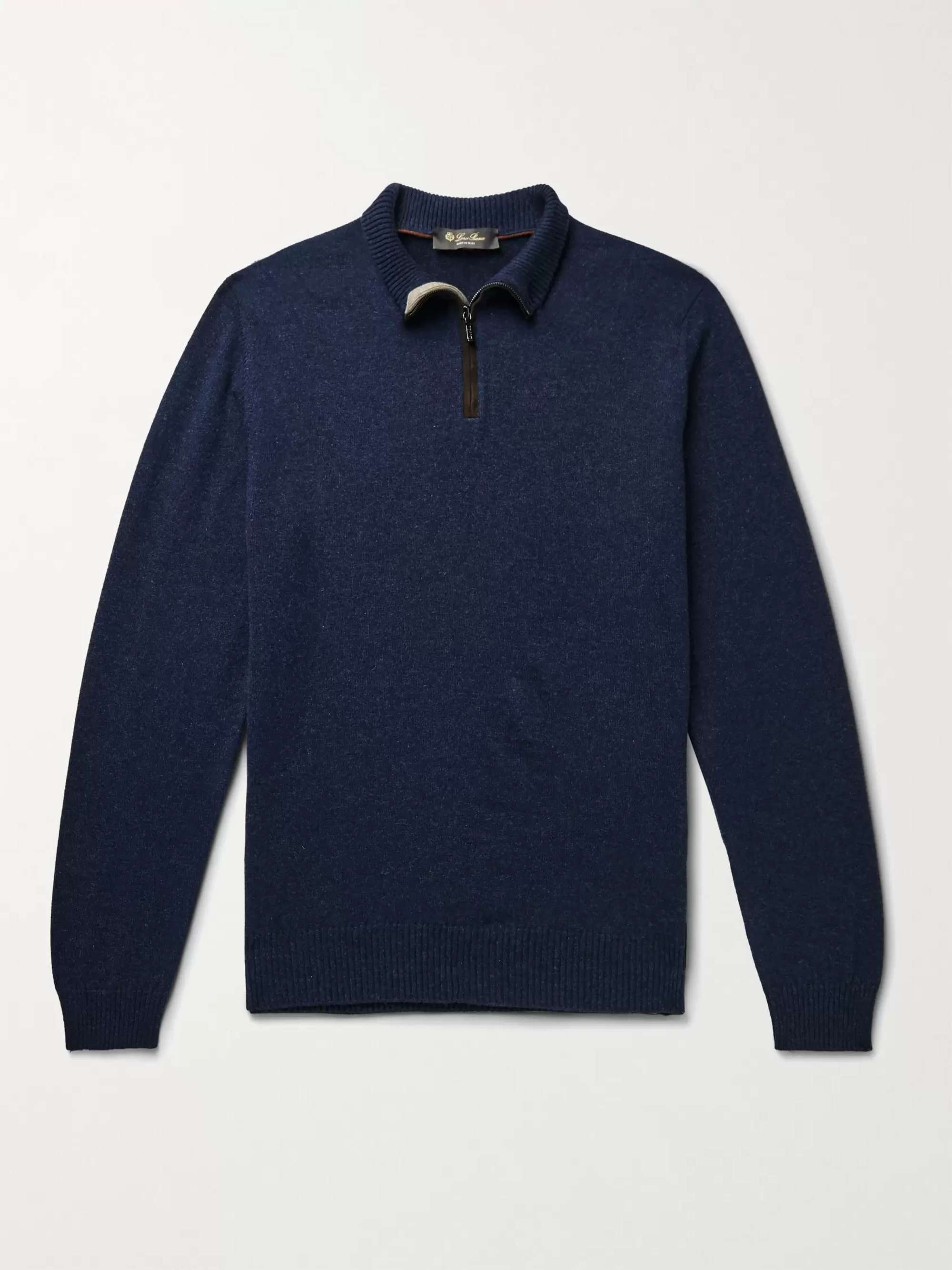 LORO PIANA Suede-Trimmed Cashmere Half-Zip Sweater