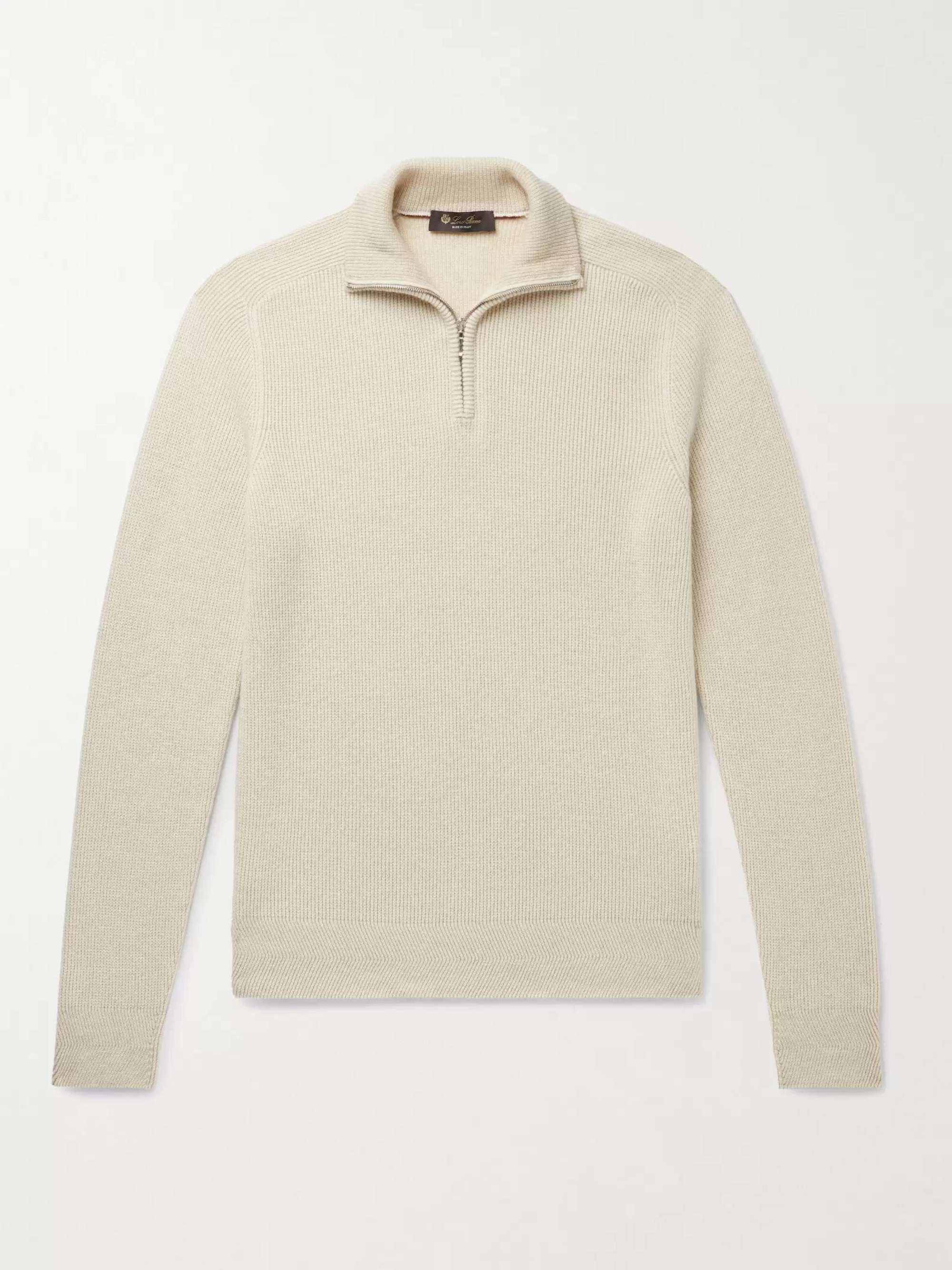Loro Piana Suede-trimmed Cashmere Half-zip Sweater in Natural for Men Mens Clothing Sweaters and knitwear Zipped sweaters 