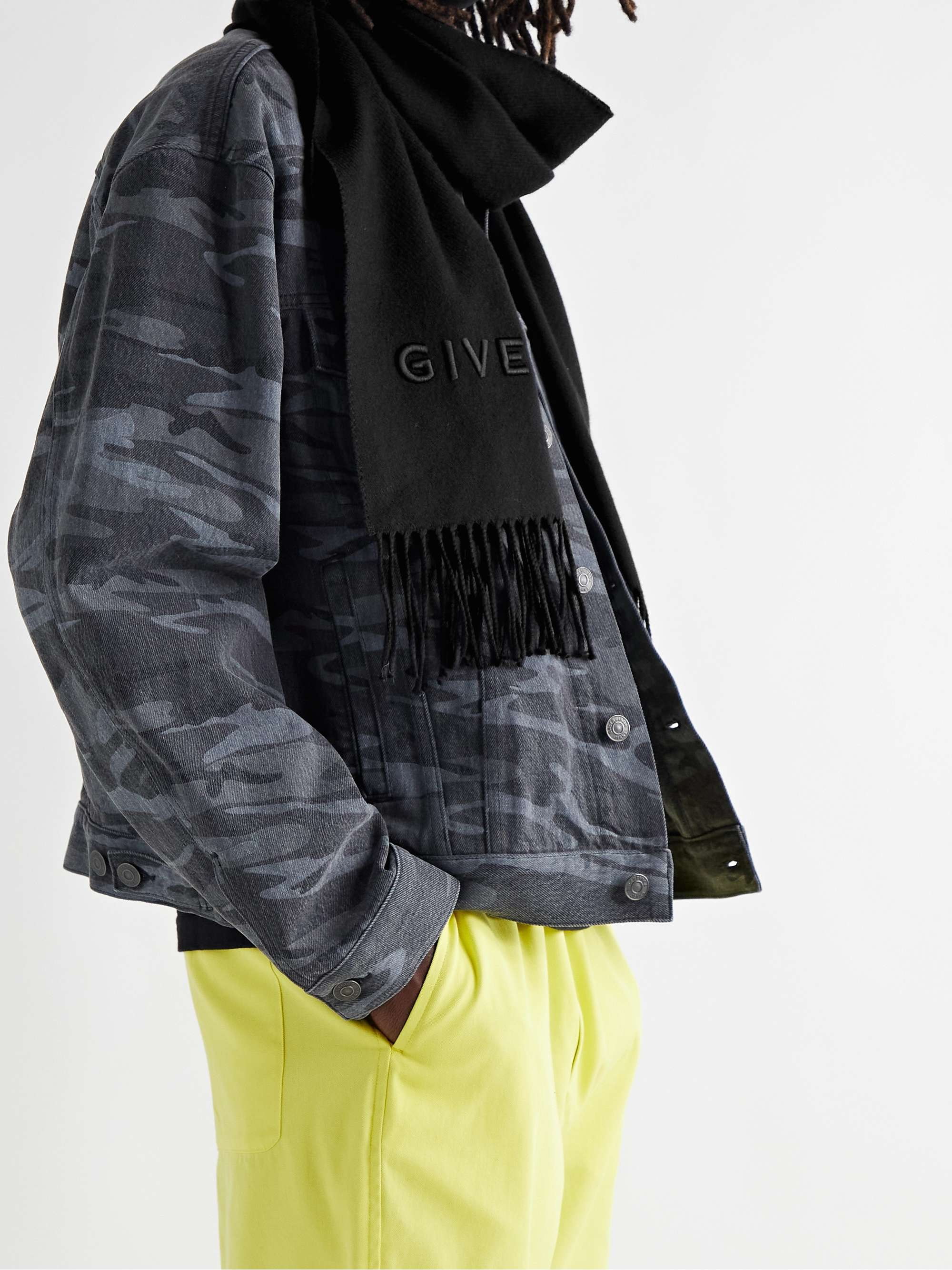 GIVENCHY Logo-Embroidered Fringed Wool-Twill Scarf