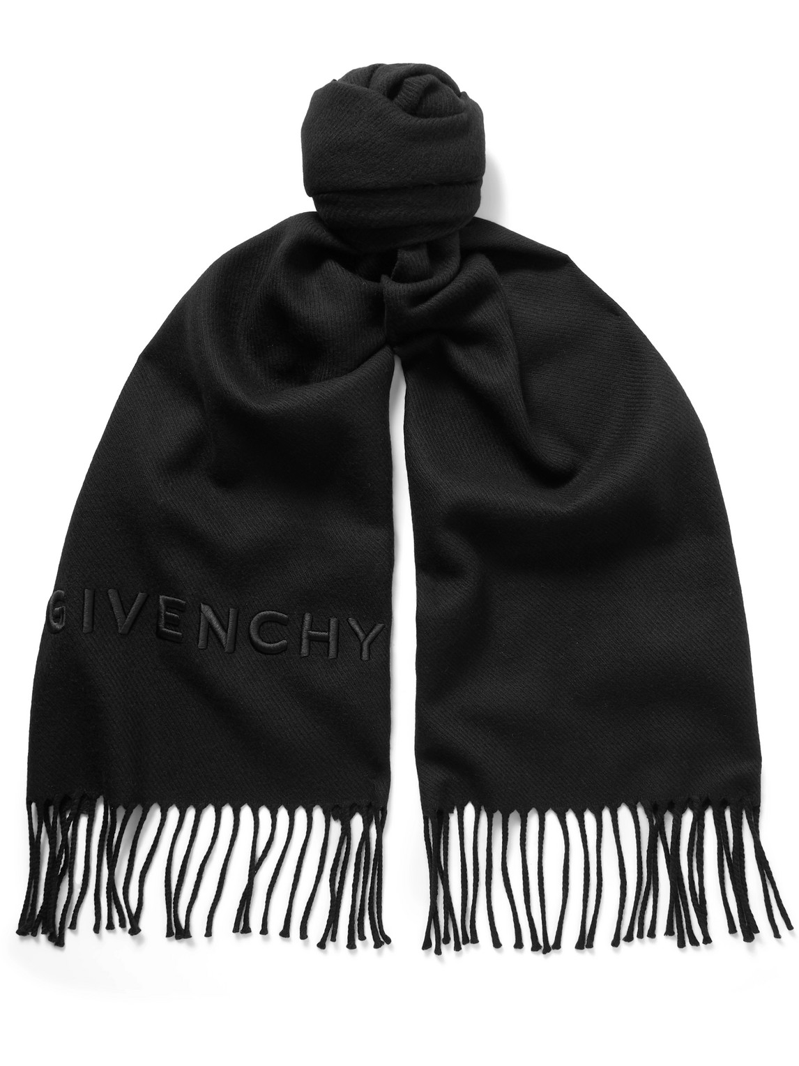 Logo-Embroidered Fringed Wool-Twill Scarf