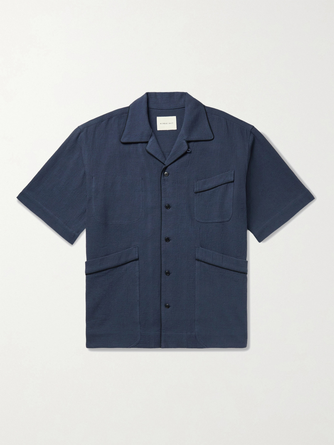 Nicholas Daley Beach Camp-collar Piped Textured-cotton Shirt In Blue