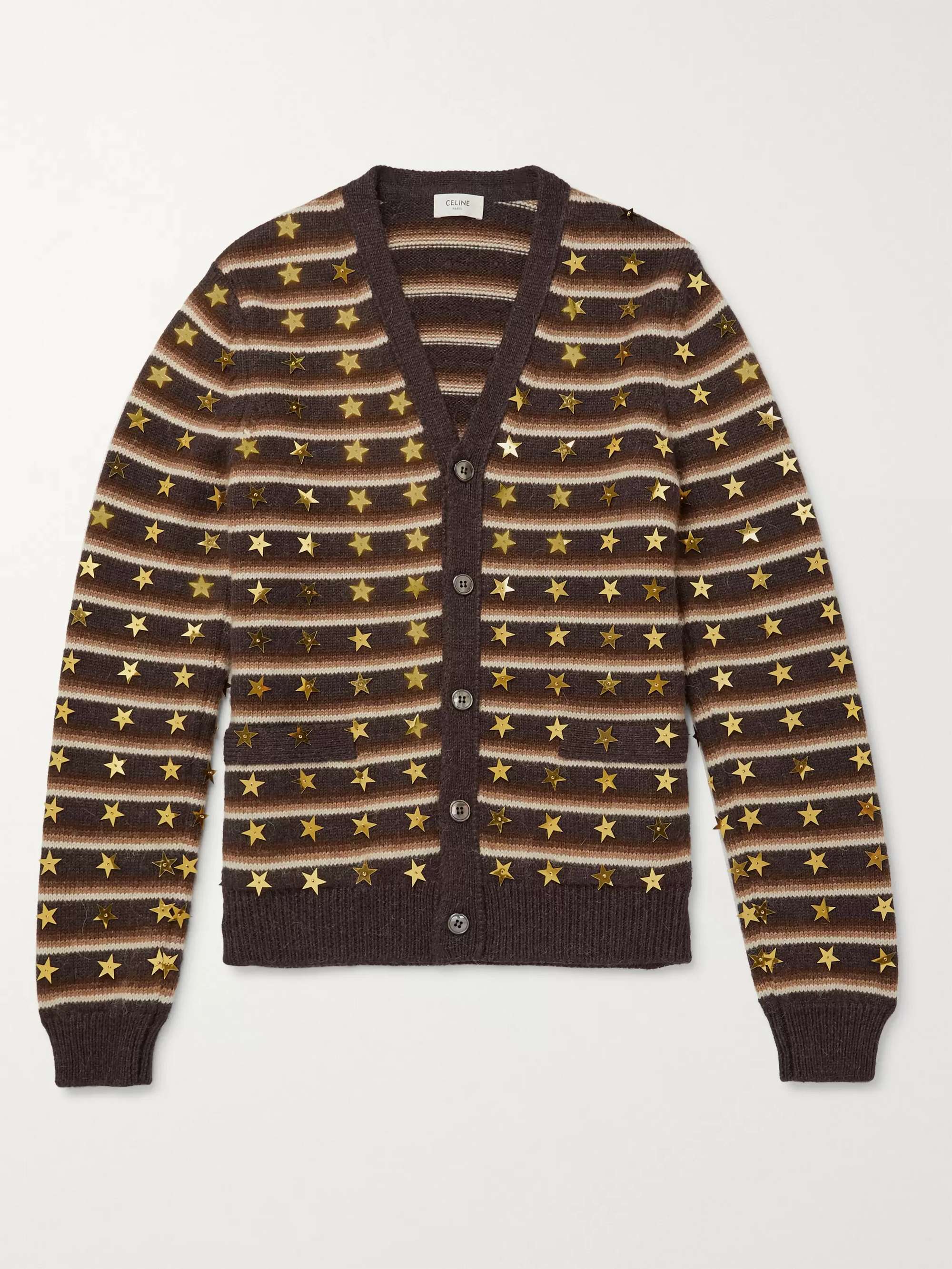 CELINE HOMME Star-Embroidered Striped Wool and Alpaca Wool-Blend Cardigan