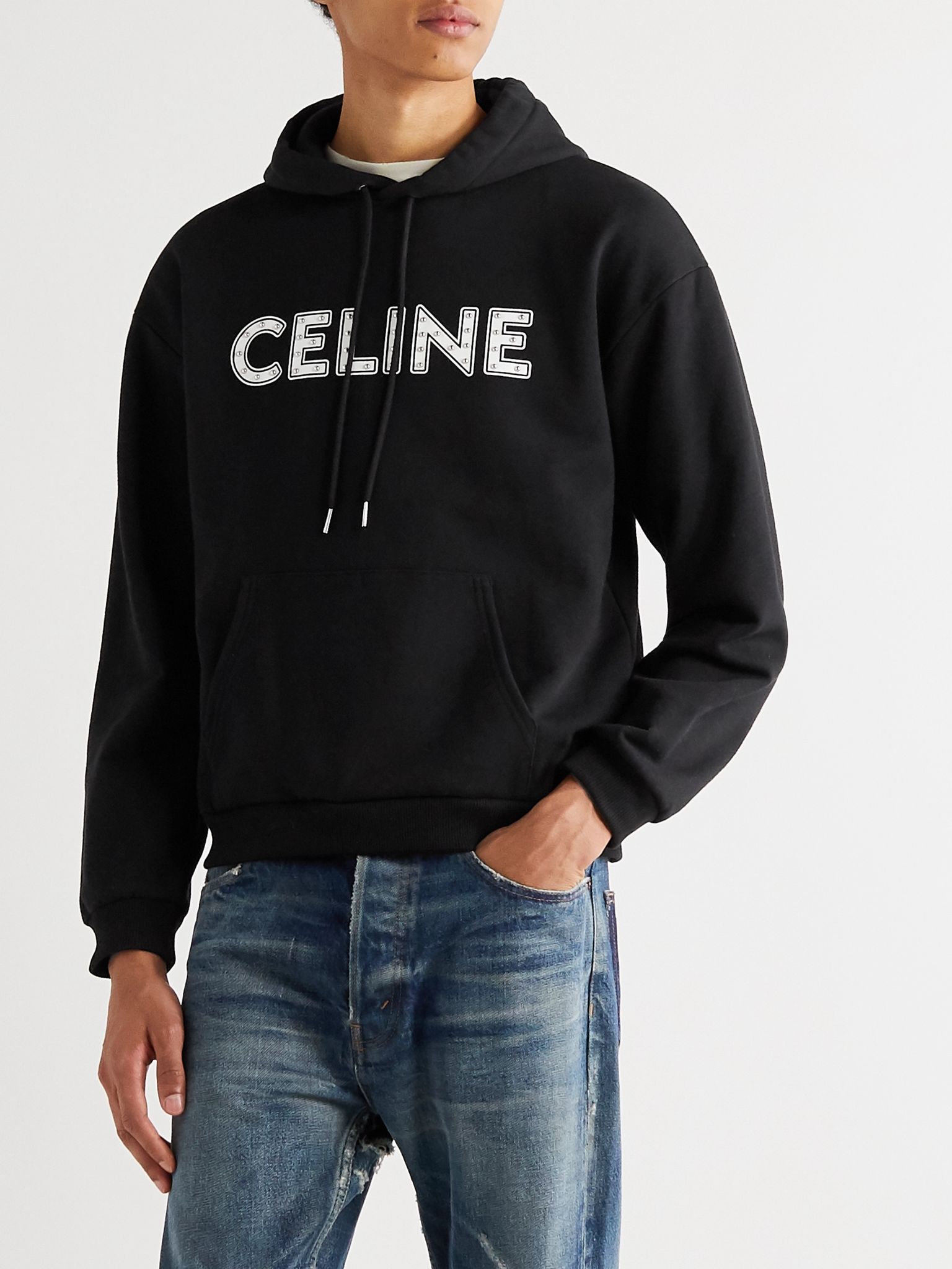 Black Celine-Printed Studded Cotton Hooded Sweatshirt | CELINE HOMME ...