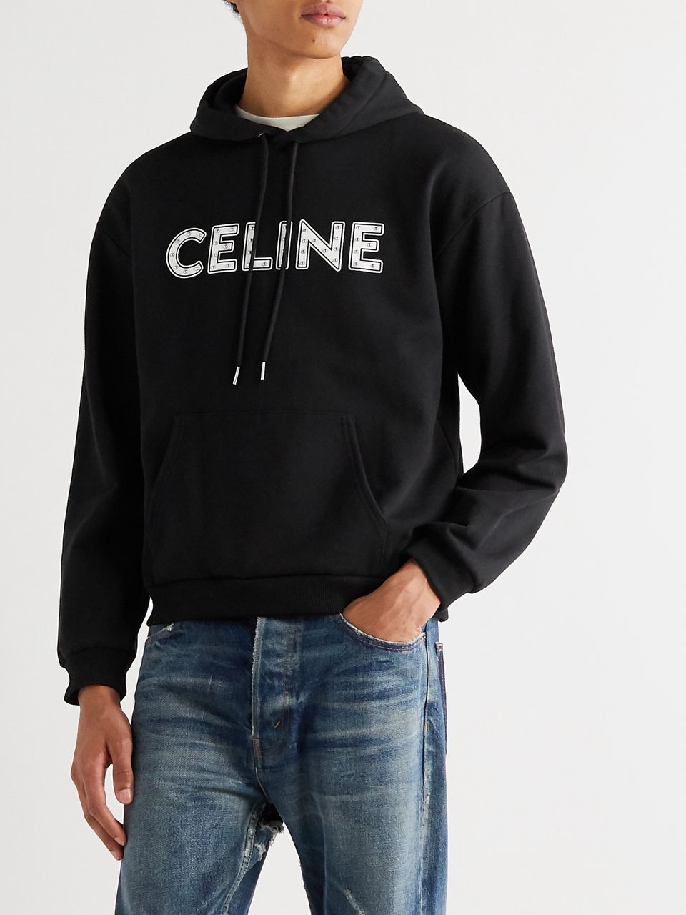 Black Celine-Printed Studded Cotton Hooded Sweatshirt | CELINE HOMME