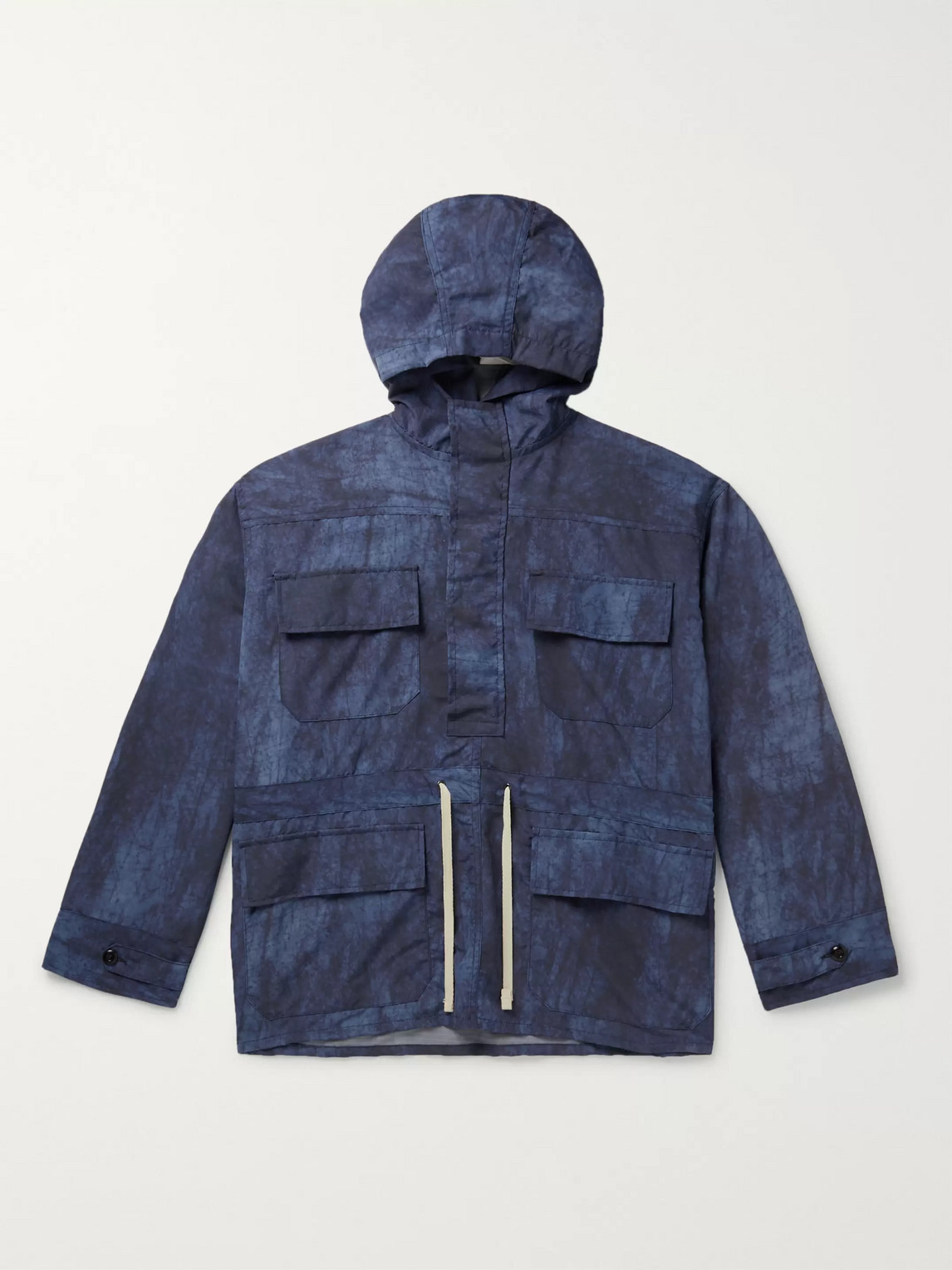 The Workers Club Printed Half-zip Hooded Ripstop Jacket In Blue