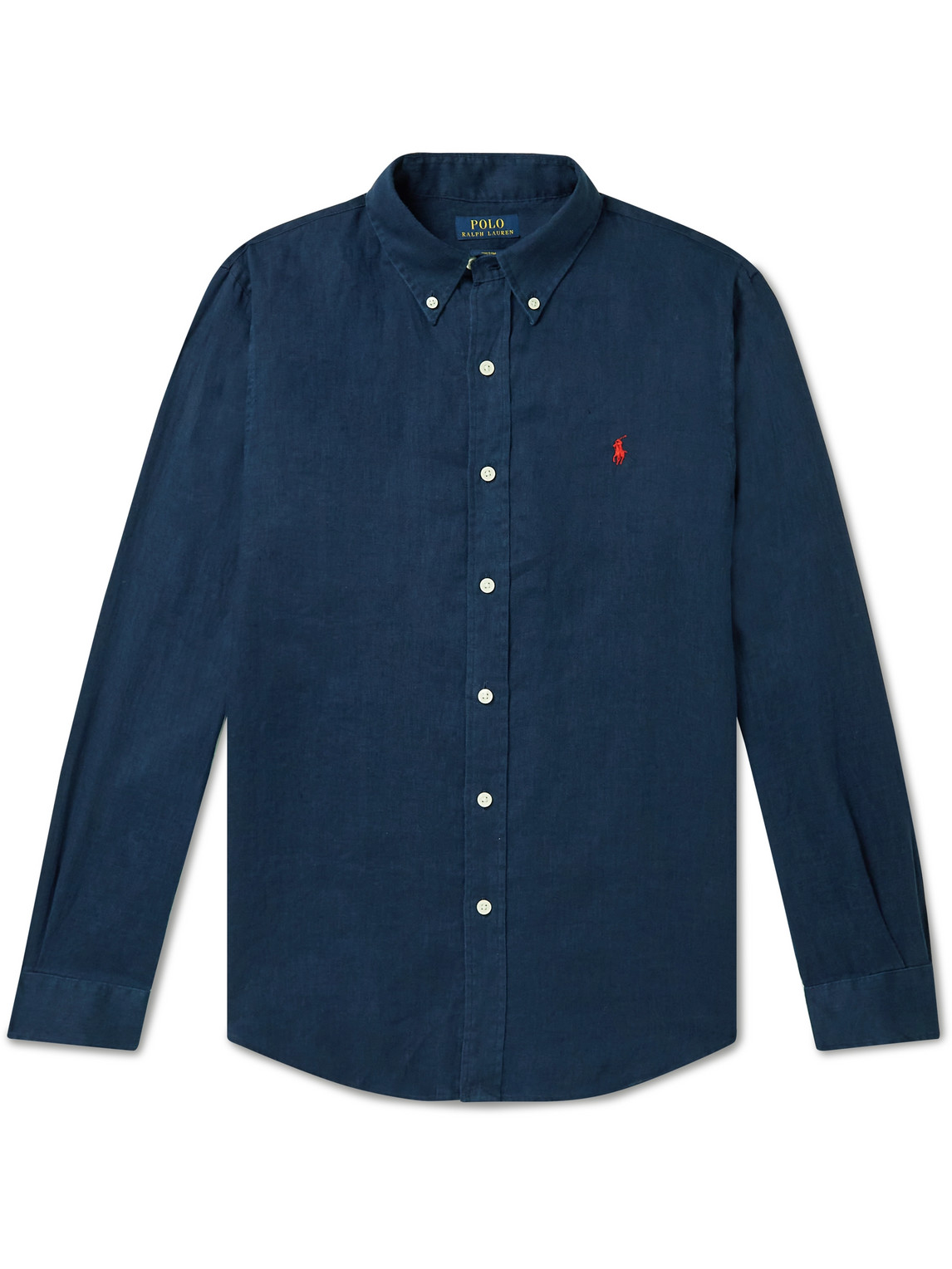 Shop Polo Ralph Lauren Button-down Collar Logo-embroidered Linen Shirt In Blue