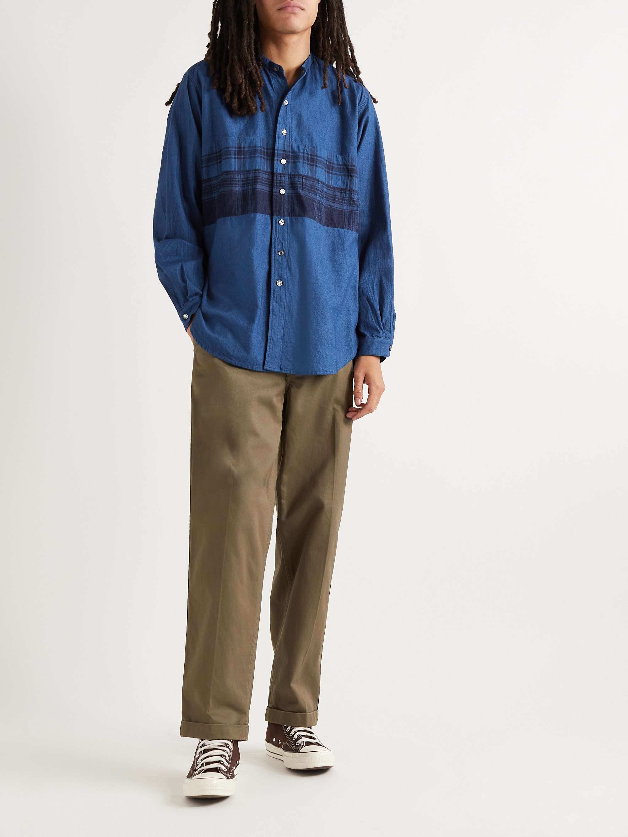BLUE BLUE JAPAN Grandad-Collar Checked Panelled Cotton-Flannel Shirt
