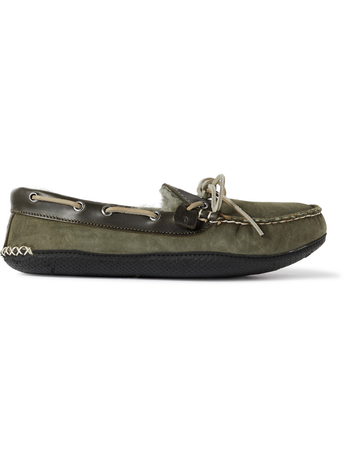 QUODDY FIRESIDE SHEARLING-LINED LEATHER-TRIMMED SUEDE SLIPPERS