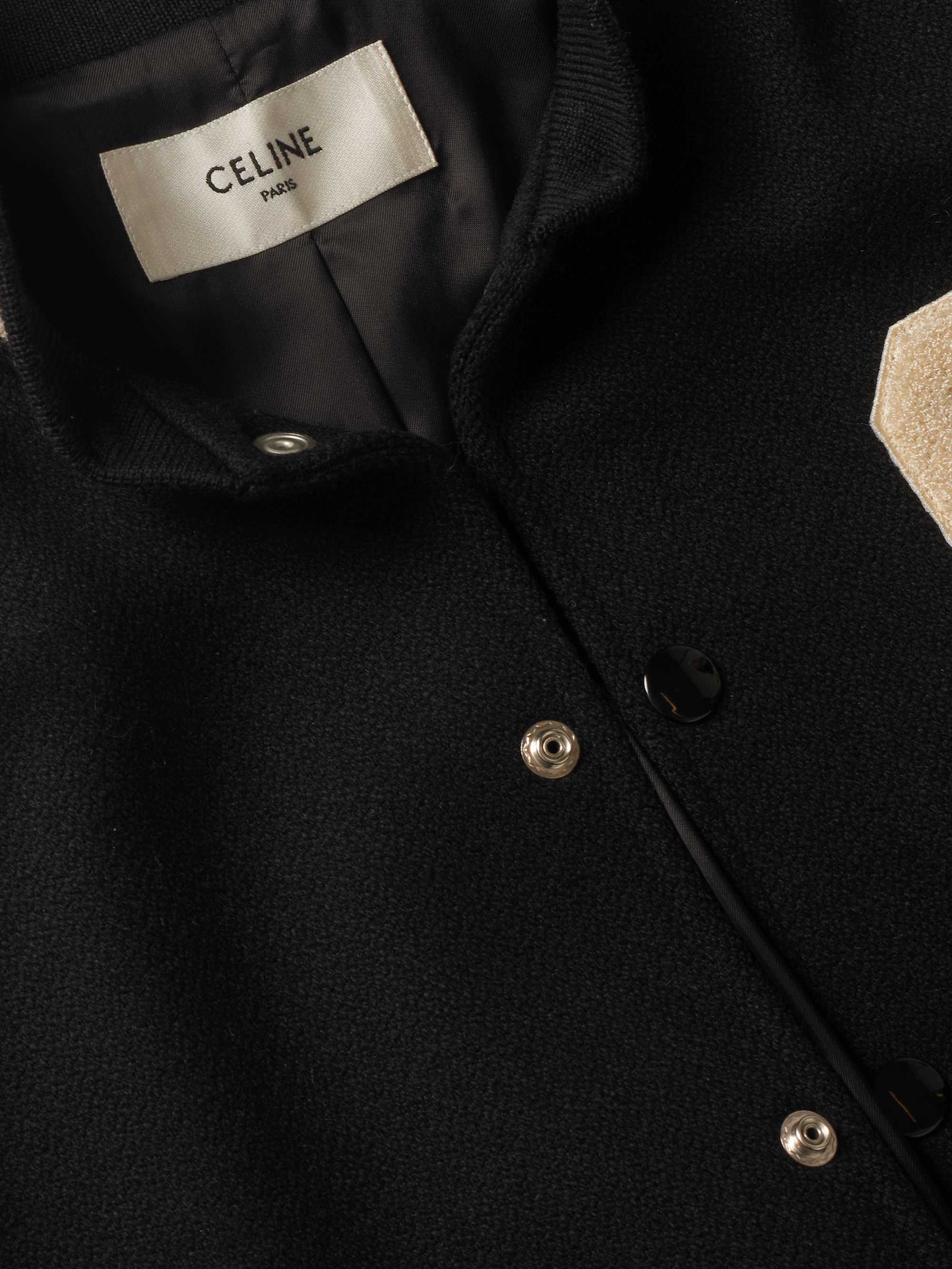 CELINE HOMME Appliquéd Wool-Blend and Leather Bomber Jacket
