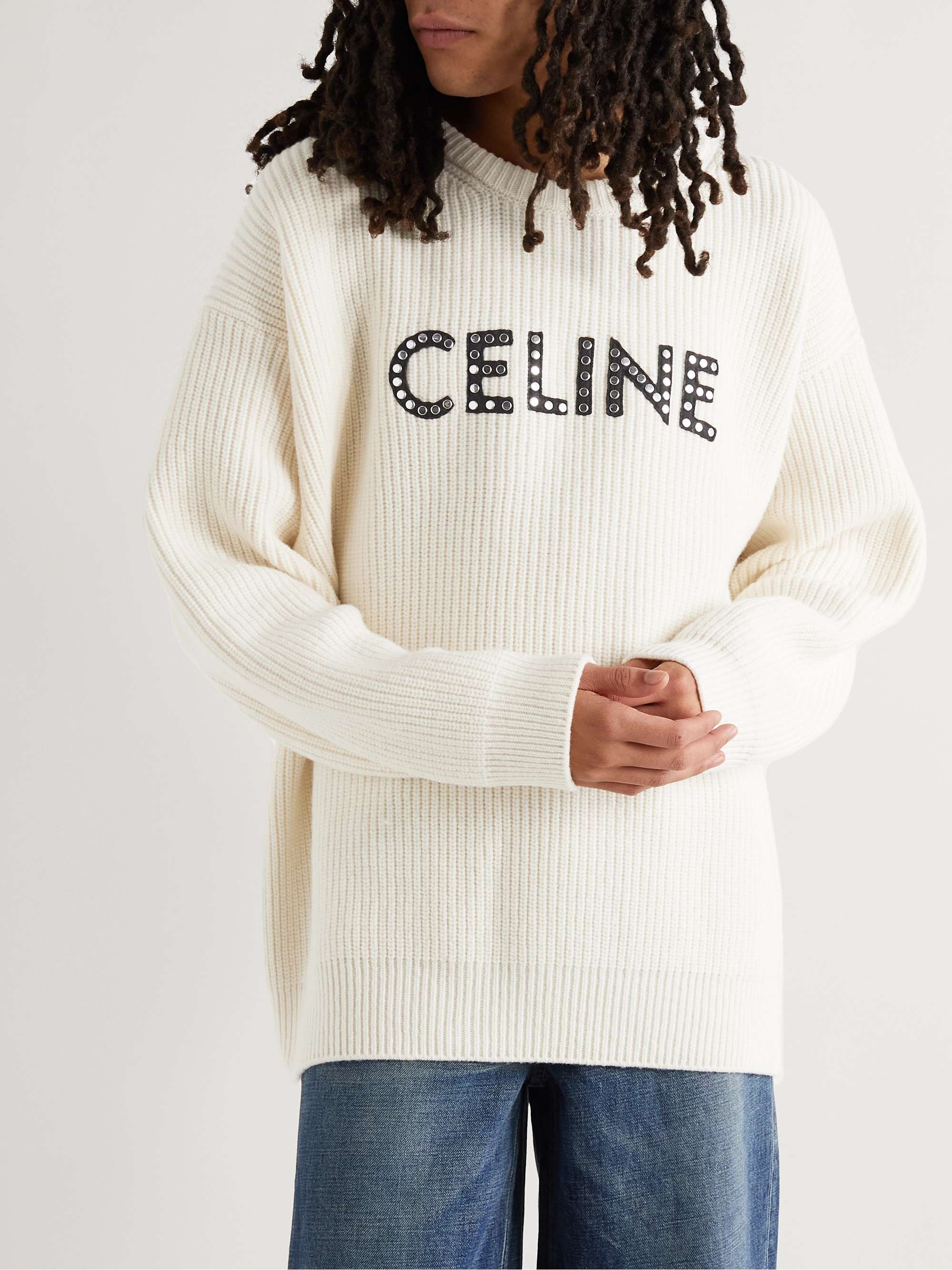 CELINE HOMME Studded Ribbed Logo-Print Wool Sweater