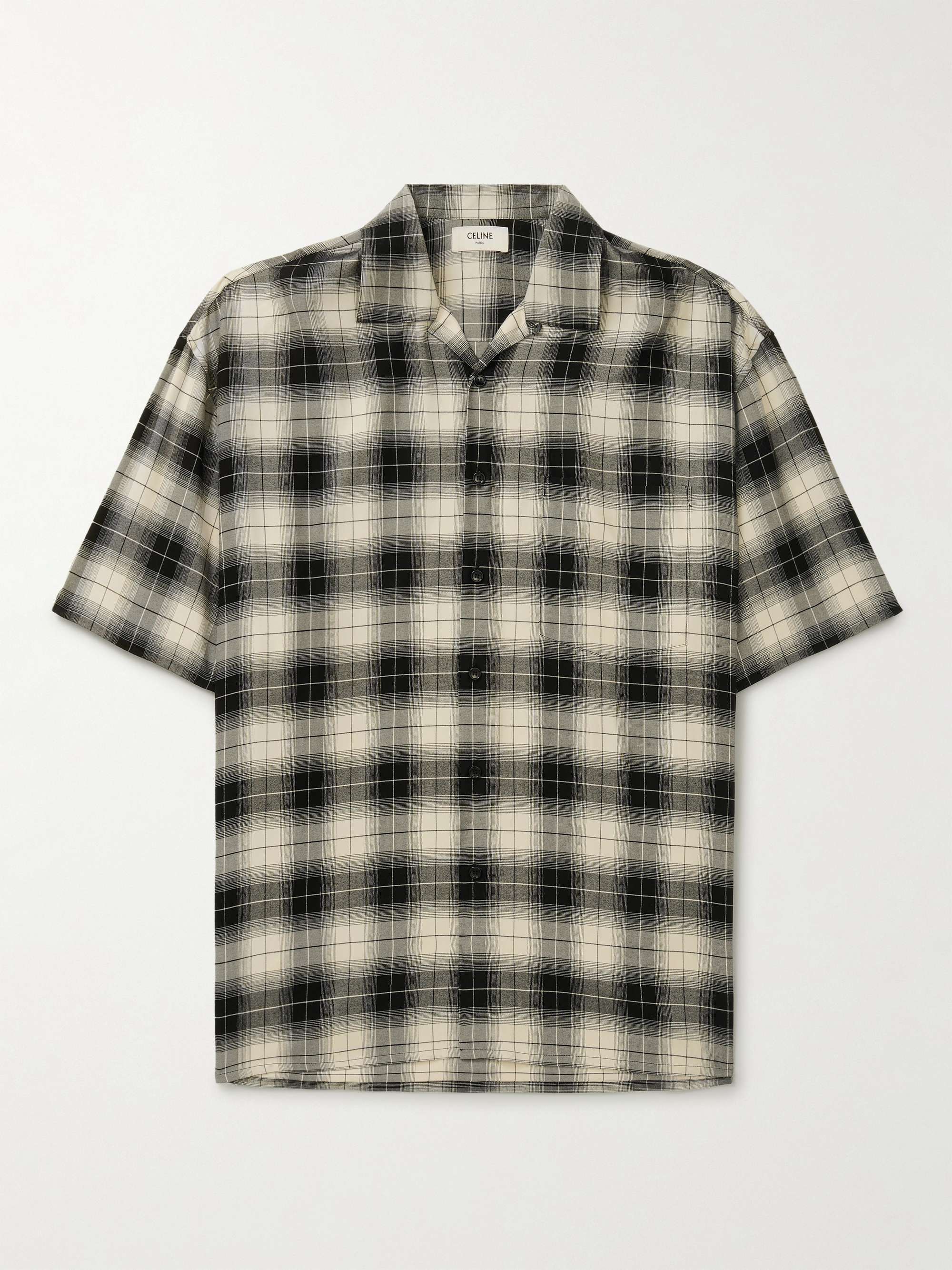 셀린느 옴므 반팔 셔츠 CELINE HOMME Camp-Collar Checked Woven Shirt,Black