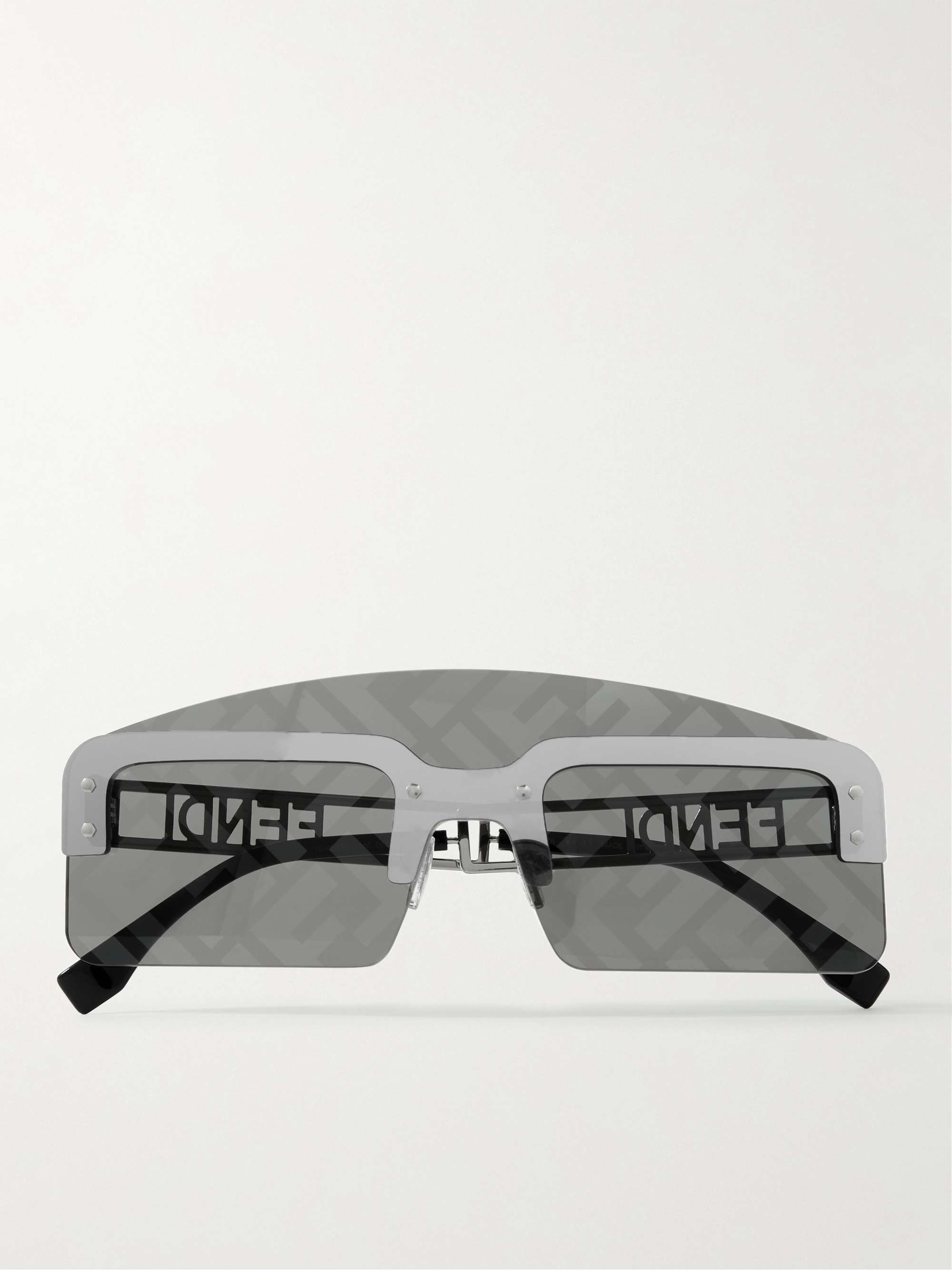 FENDI Rectangle-Frame Logo-Print Silver-Tone Sunglasses