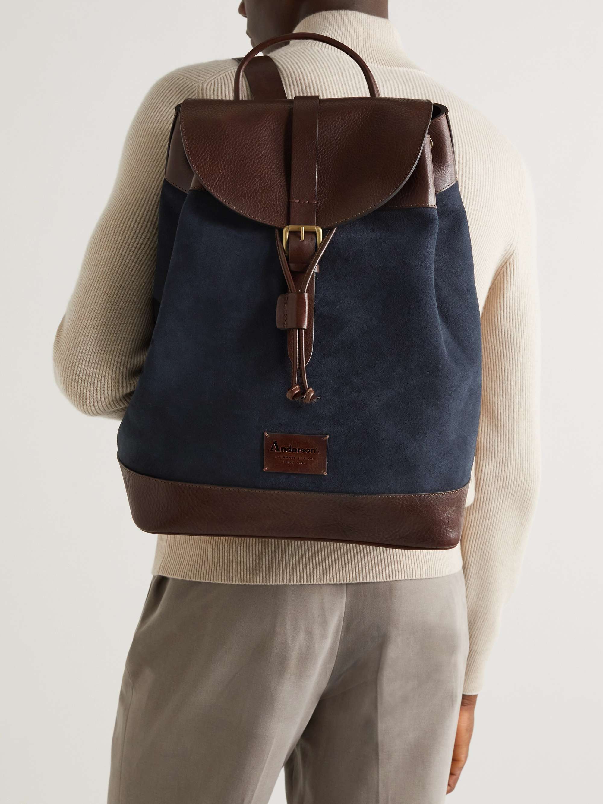 ANDERSON'S Textured Leather-Trimmed Suede Backpack