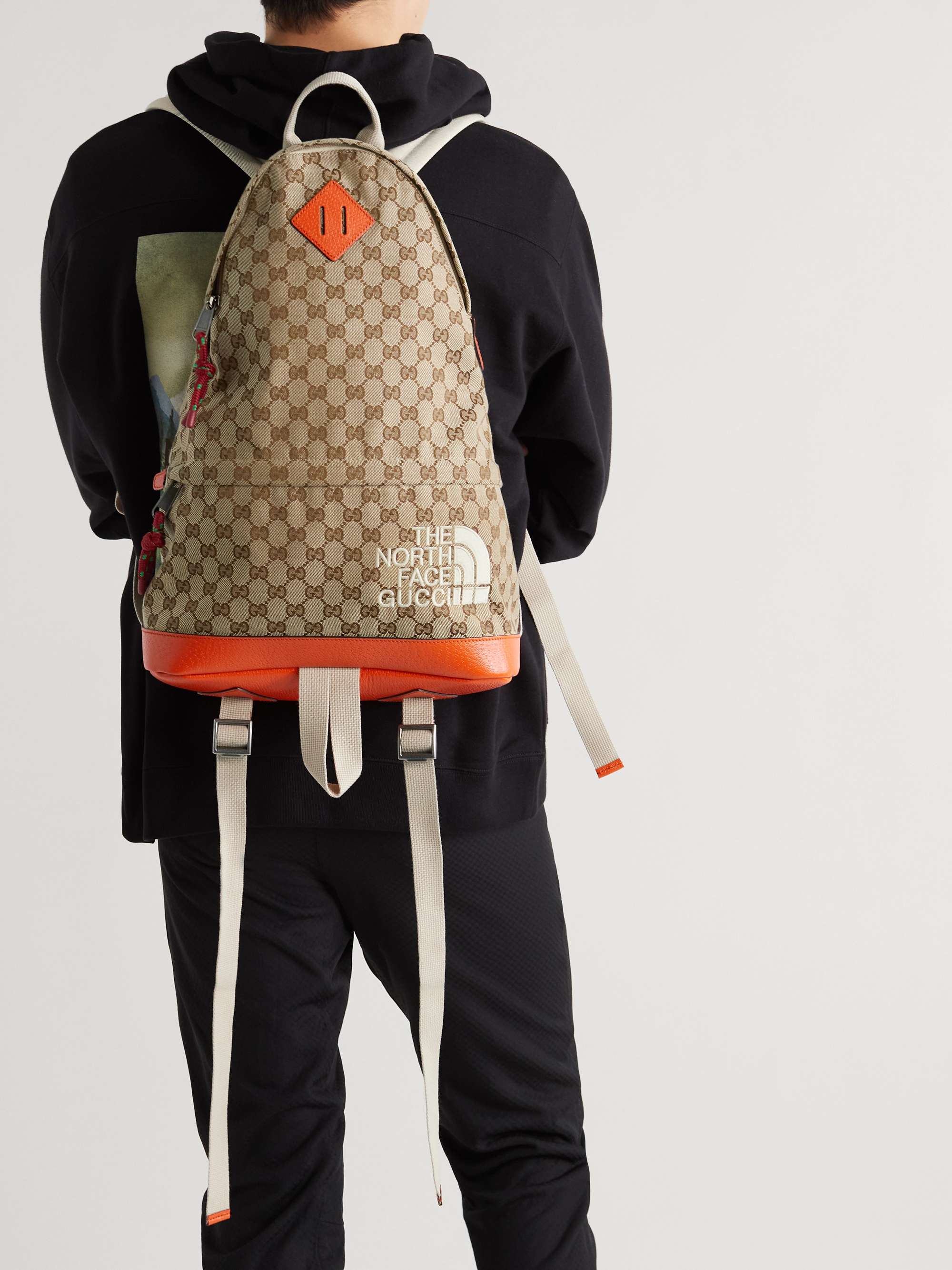 GUCCI + The North Face Leather-Trimmed Monogrammed Canvas Backpack