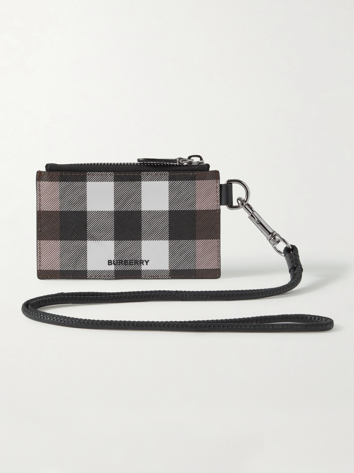 Leather-Trimmed Checked E-Canvas Cardholder with Lanyard