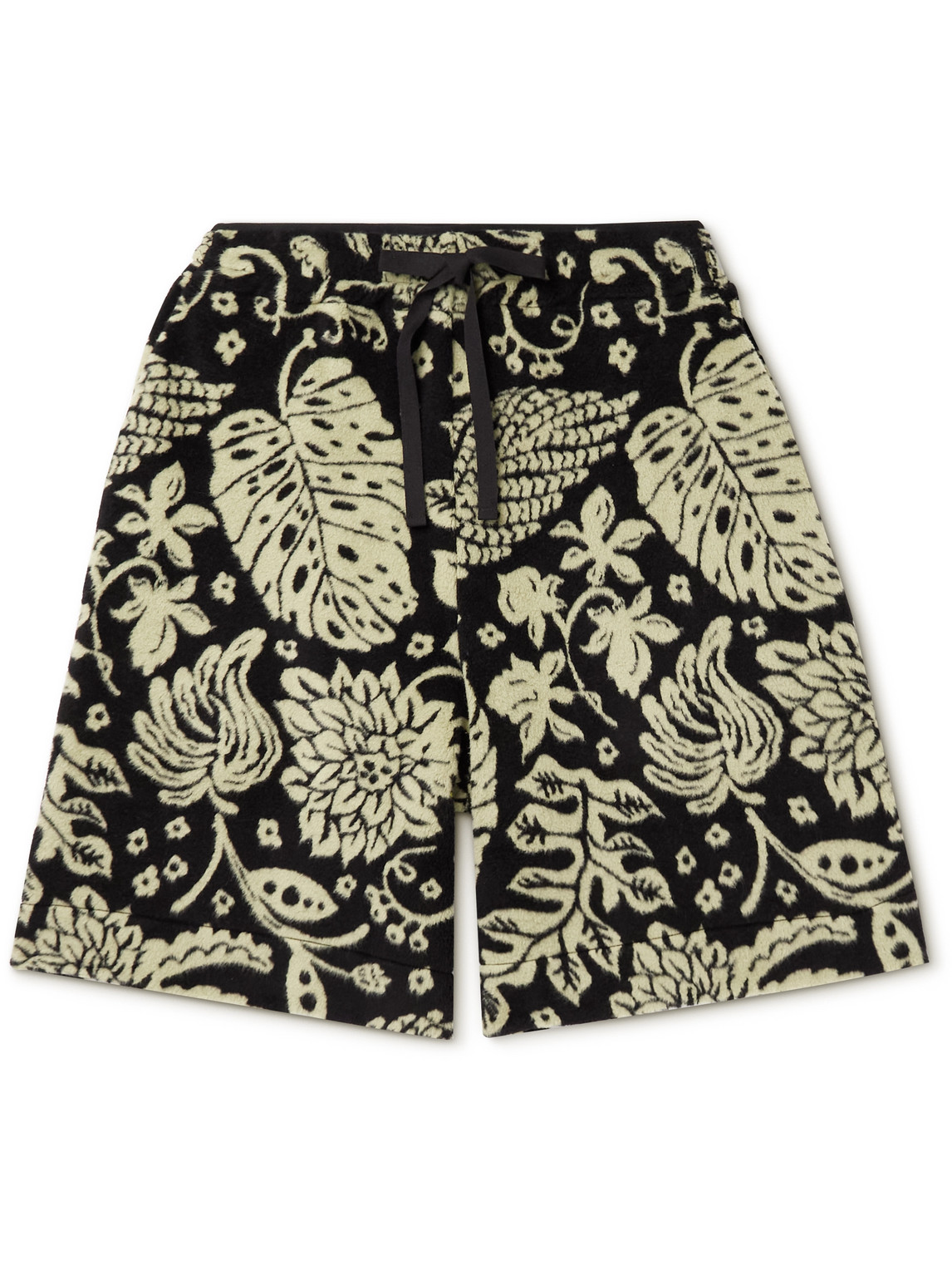 Wide-Leg Printed Cotton-Blend Fleece Drawstring Shorts