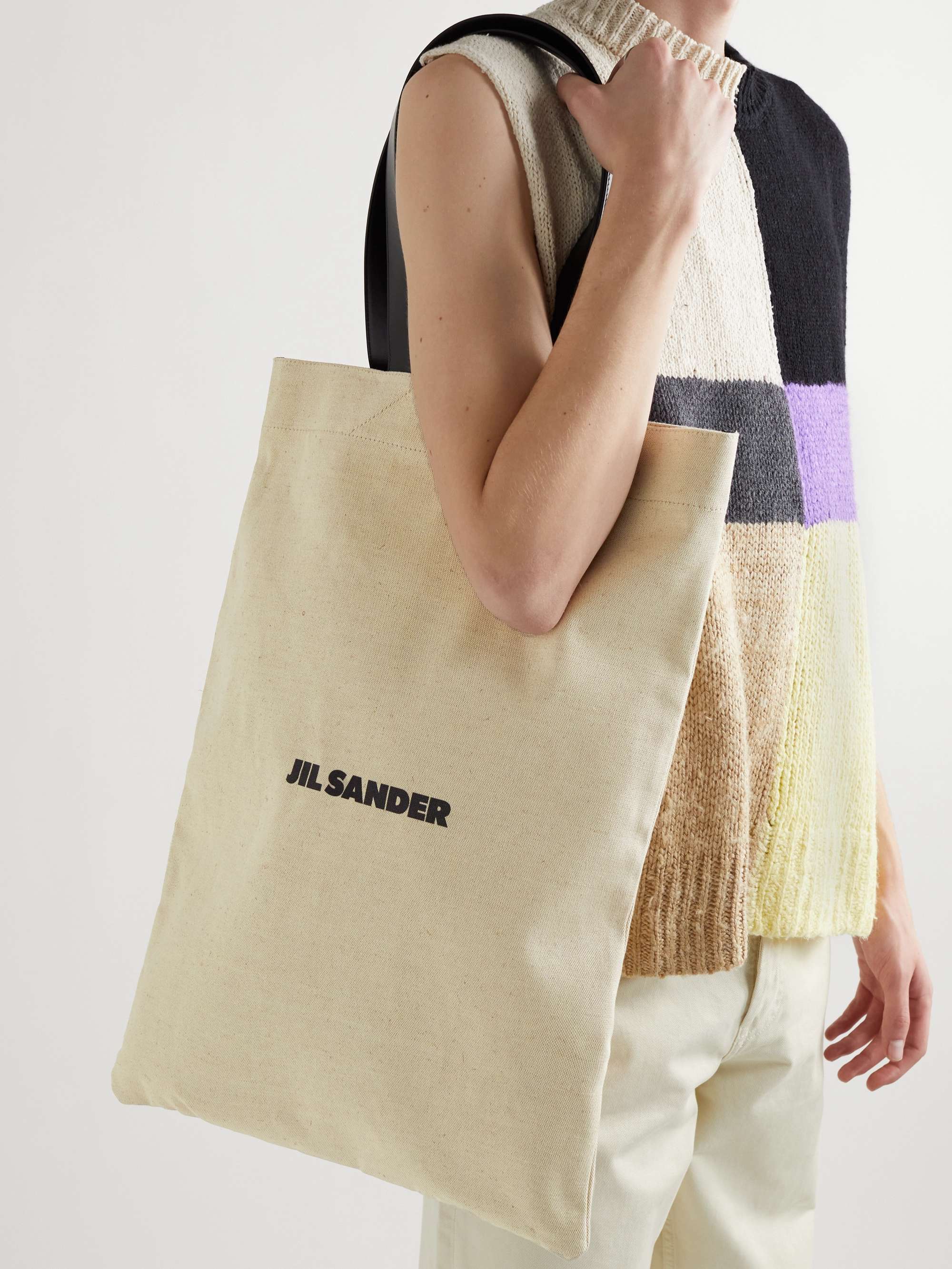Cream Leather-Trimmed Logo-Print Cotton-Canvas Tote Bag | JIL SANDER | MR  PORTER